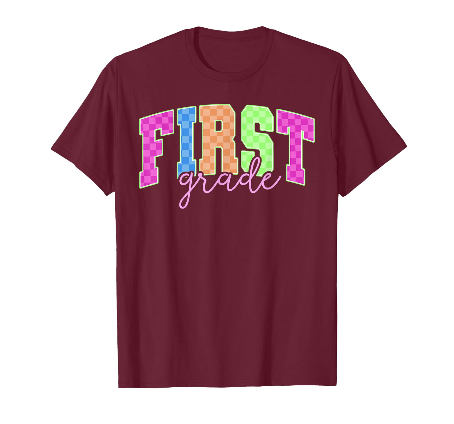 Back To School Neon Checkered First Grade, Colorful Teacher T-Shirt