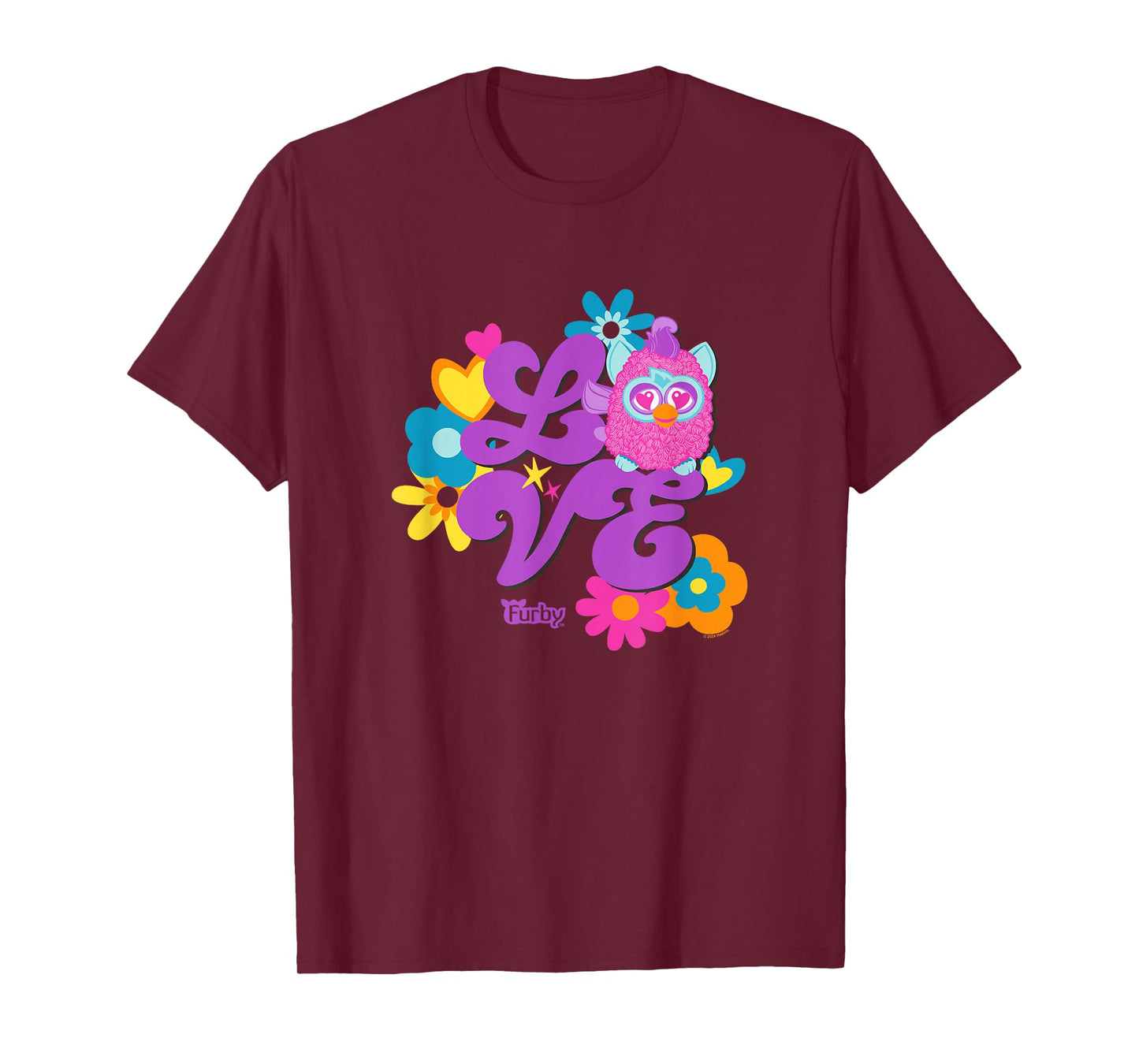 Furby Groovy Vintage Love 70's Rainbow Floral Purple Logo T-Shirt