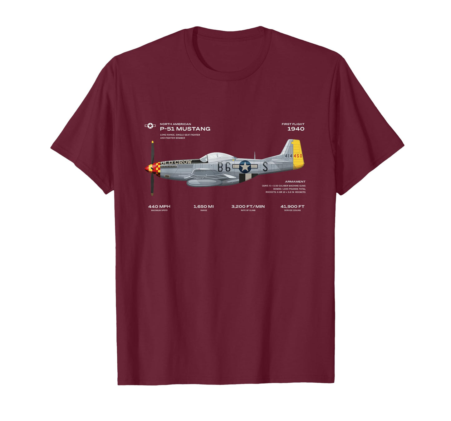 P-51 Mustang WWII Aeroplane Historical Warbird Fighter T-Shirt