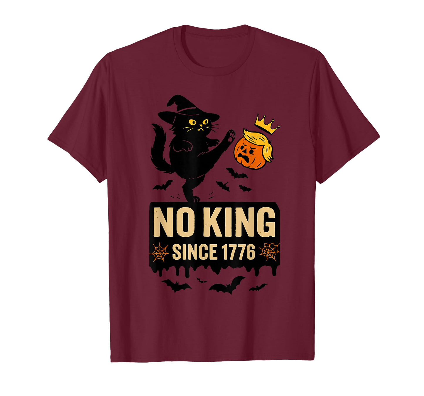 No Kings in America Since 1776 Black Cat Kicking Pumpkin T-Shirt