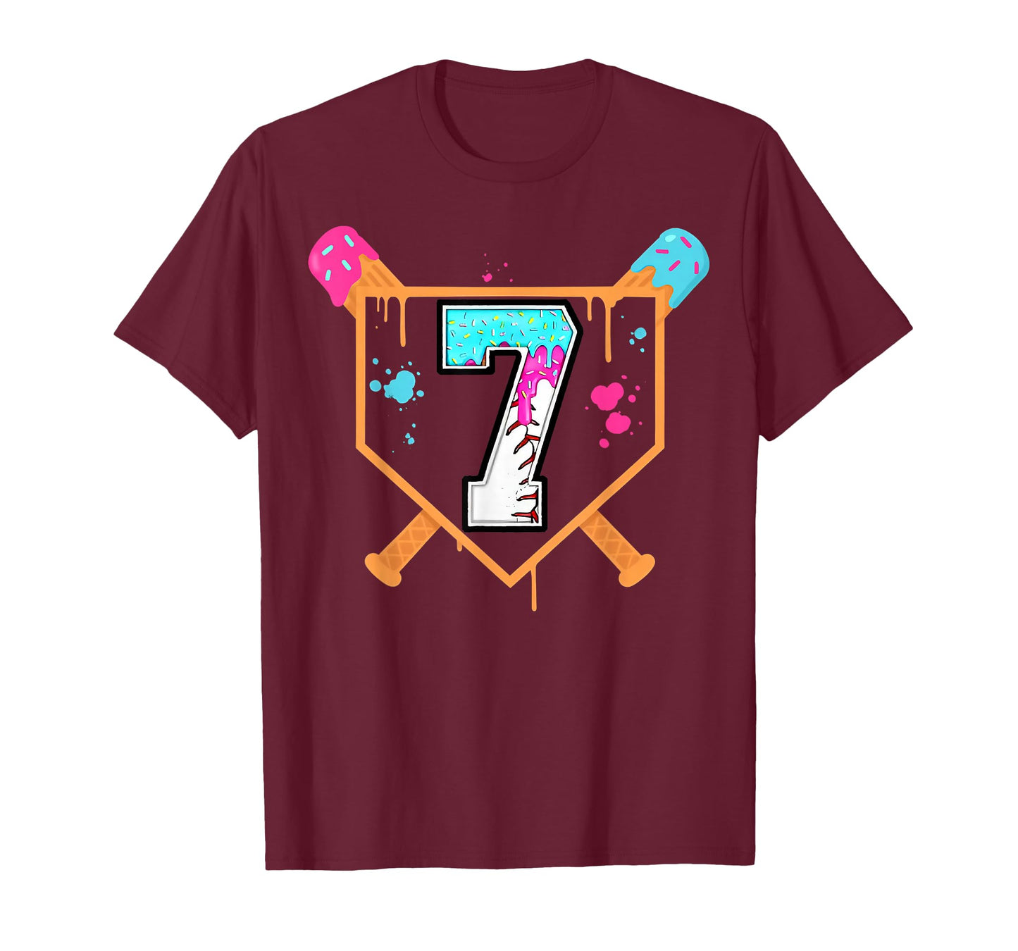 Baseball 7th Birthday Ice Cream Drip 7 Years Old Bday Boy T-Shirt