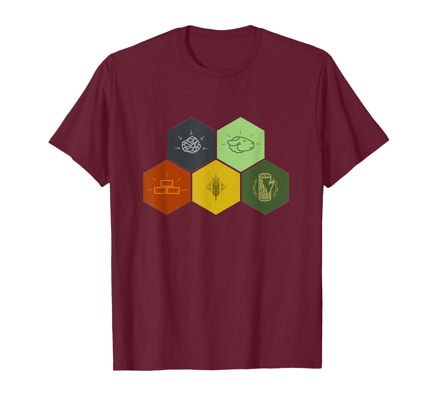 Brick, Wood, Rock, Wheat, & Sheep T-Shirt | Board Game Geek T-Shirt