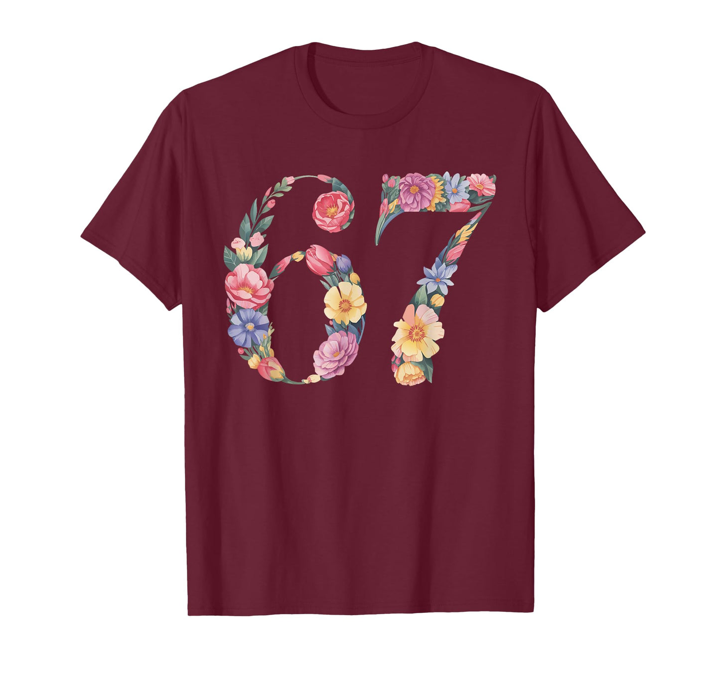Girls Six Seven Meme Watercolor Floral Number 67 T-Shirt