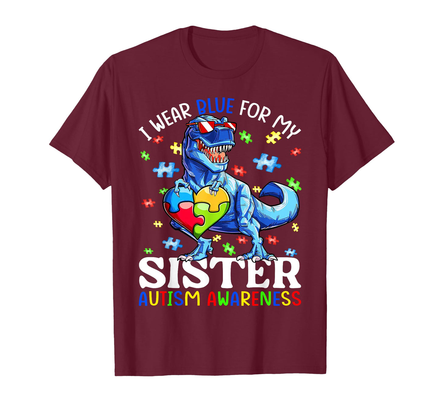 I Wear Blue For My Sister Autism Awareness Dinosaur Boys T-Shirt
