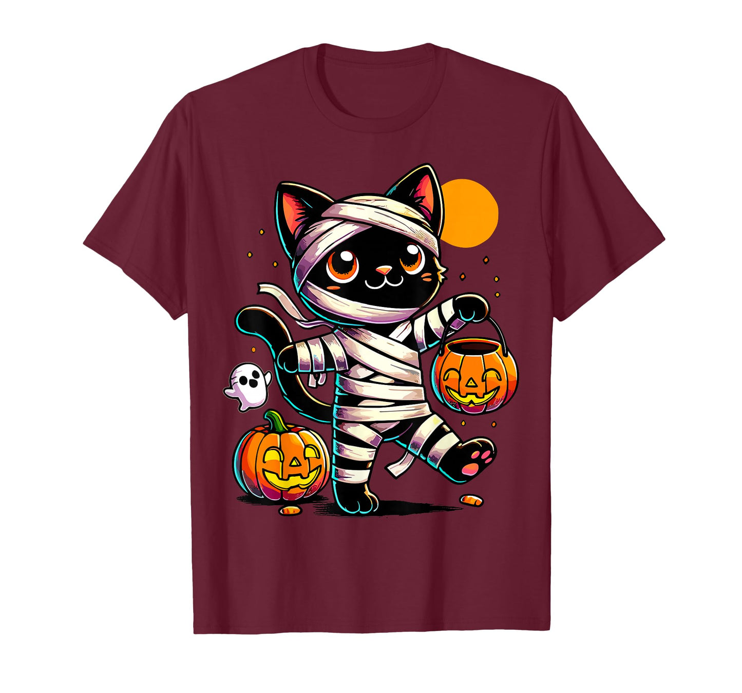 Black Cat Mummy Halloween Pumpkin T-Shirt