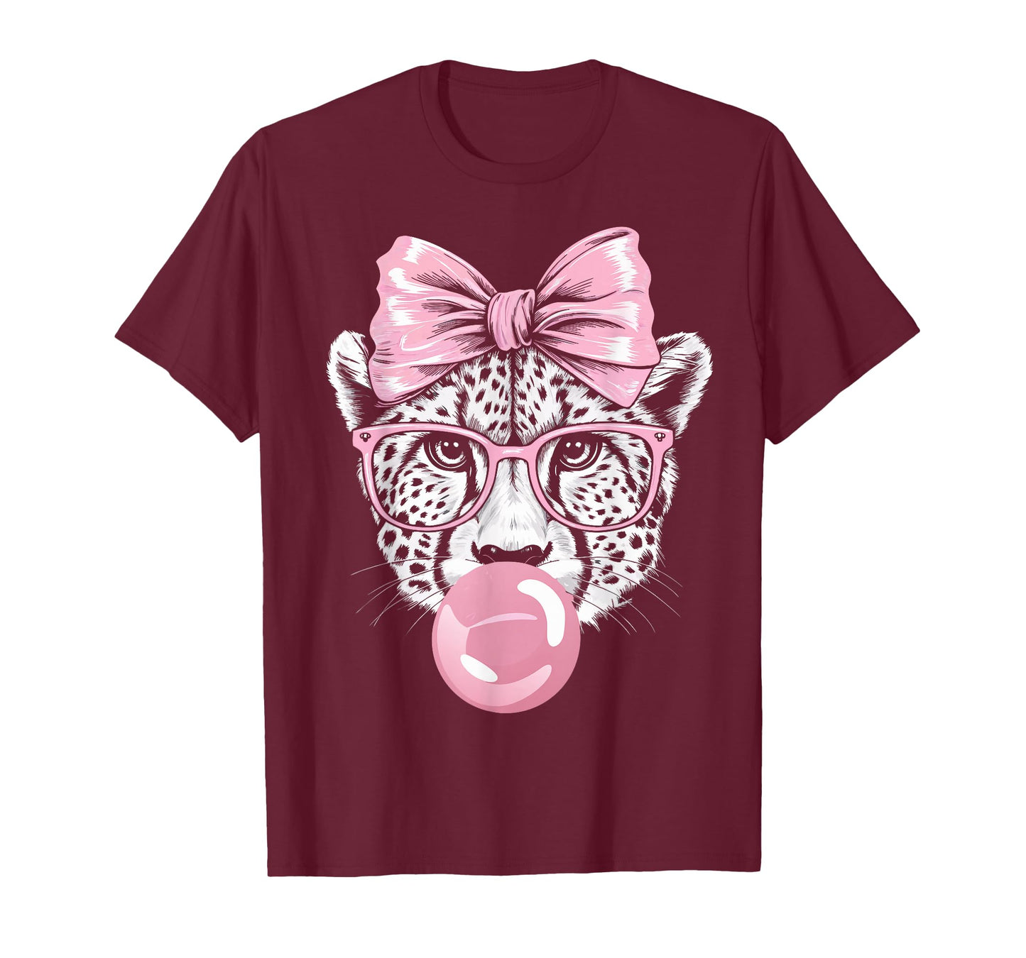 Cheetah Wearing Glasses and Blowing Pink Bubble Gum T-Shirt