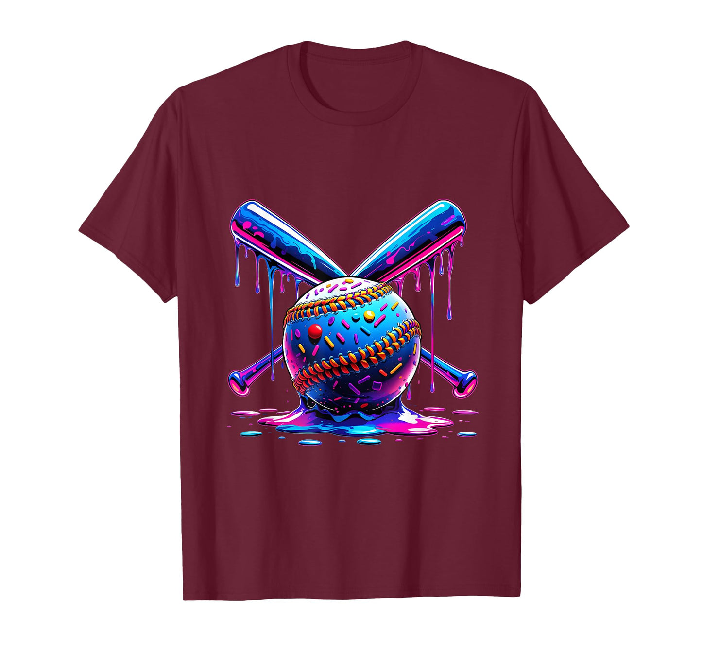 Neon Dripping Baseball and Bats Colorful Sports Art T-Shirt