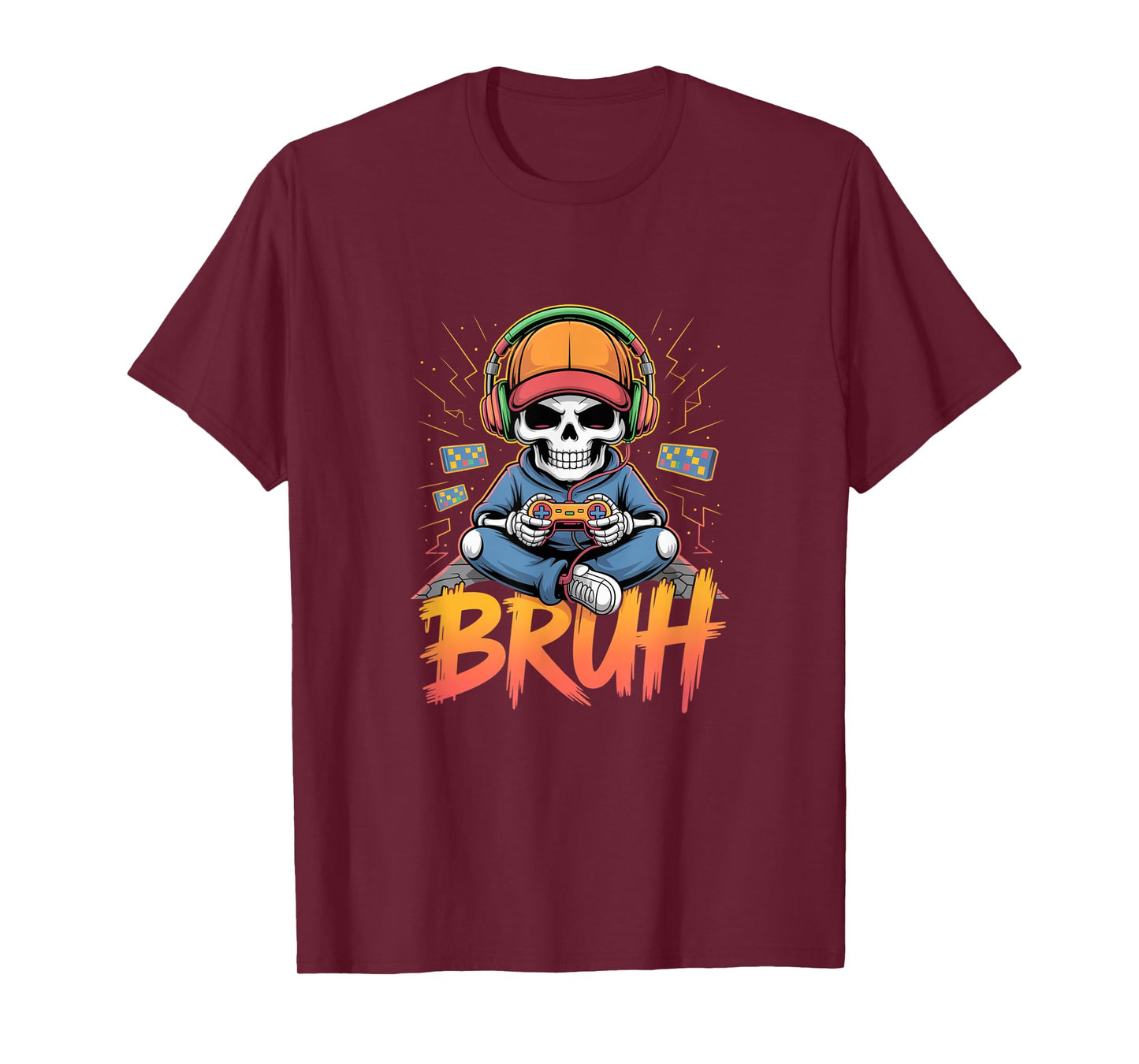 Bruh Halloween Boys Kids Gamer Mens Skeleton Video Gaming T-Shirt