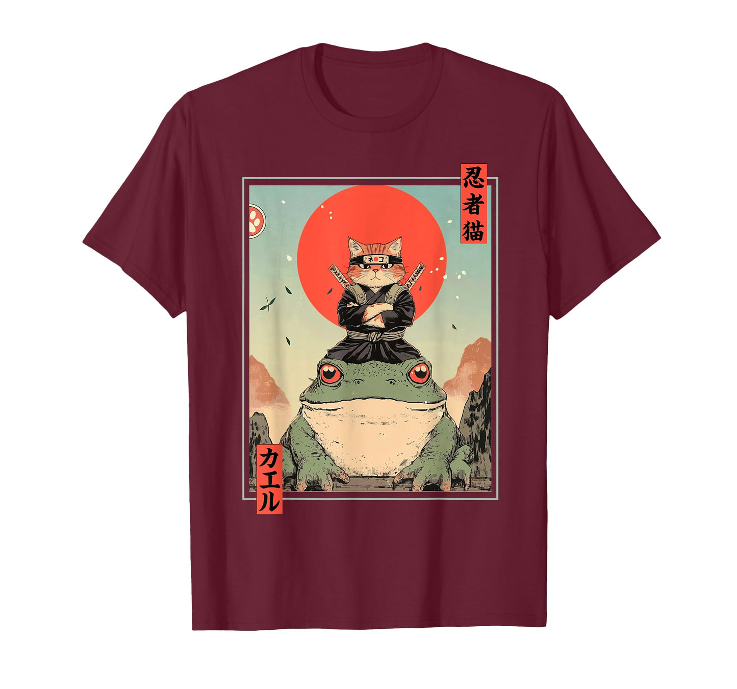 Japanese Ninja Cat and Frog Retro Anime Style Graphic T-Shirt
