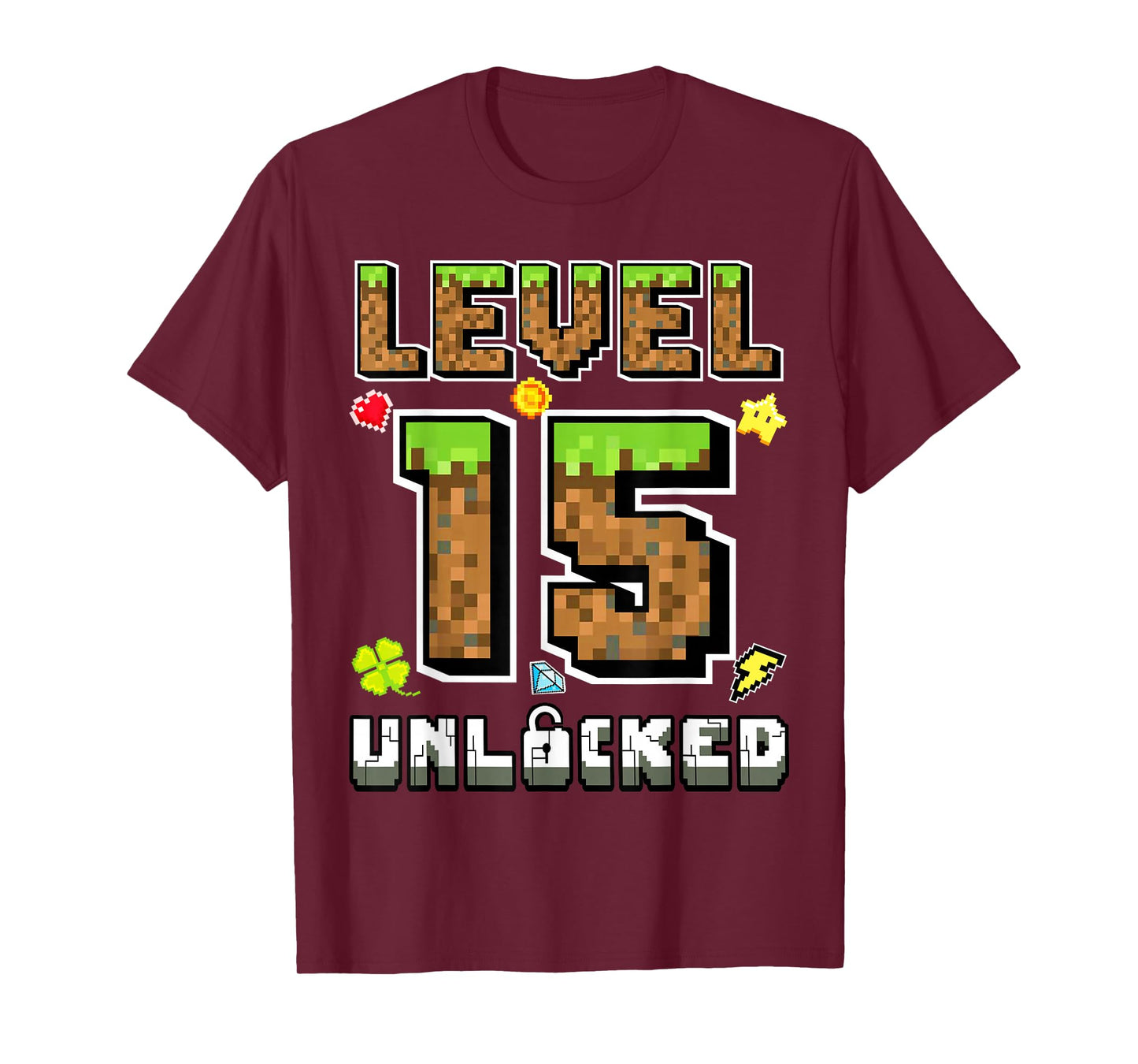 Level 15 Unlocked Birthday 15th Years Bday Gamer Pixel Boy T-Shirt