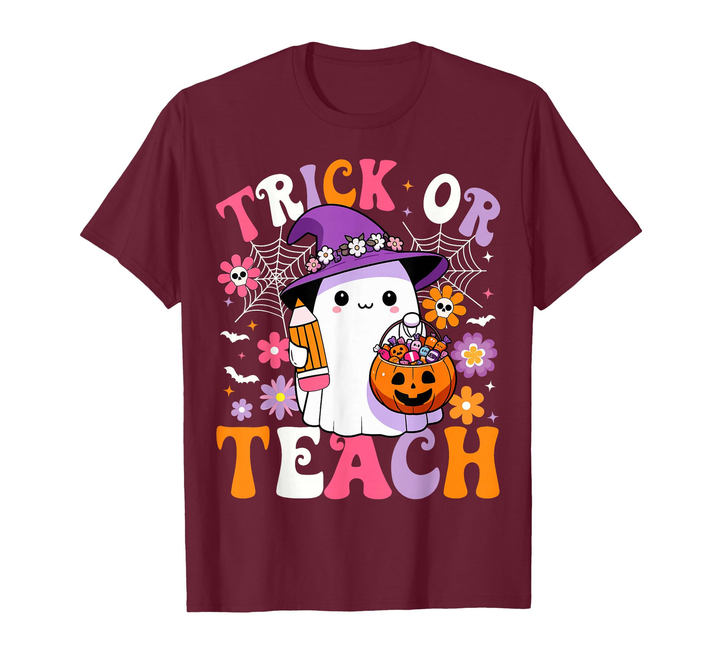Trick Or Teach Teacher Groovy Ghost Funny Halloween Teacher T-Shirt