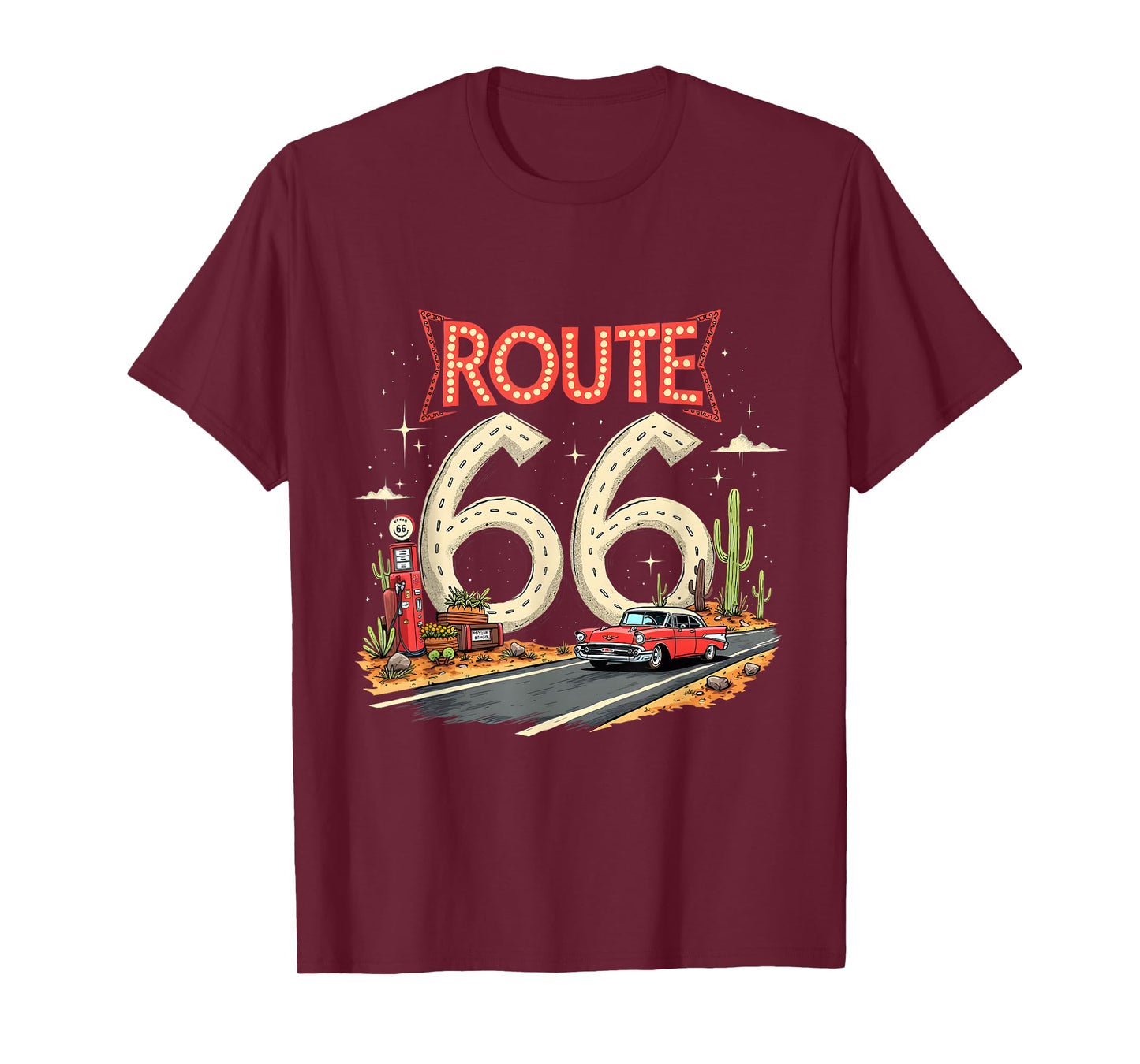 Classic Retro Route 66 Desert Scene with Red Vintage Car T-Shirt