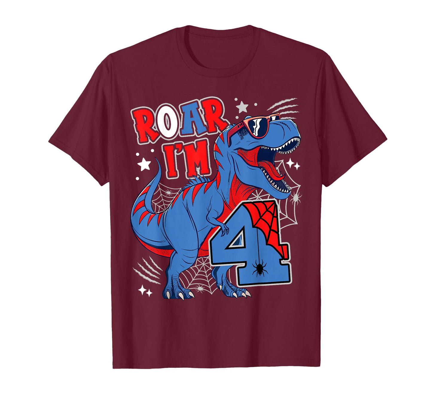 Dinosaur 4th Birthday Spider Theme Party 4 Years Old Boy T-Shirt