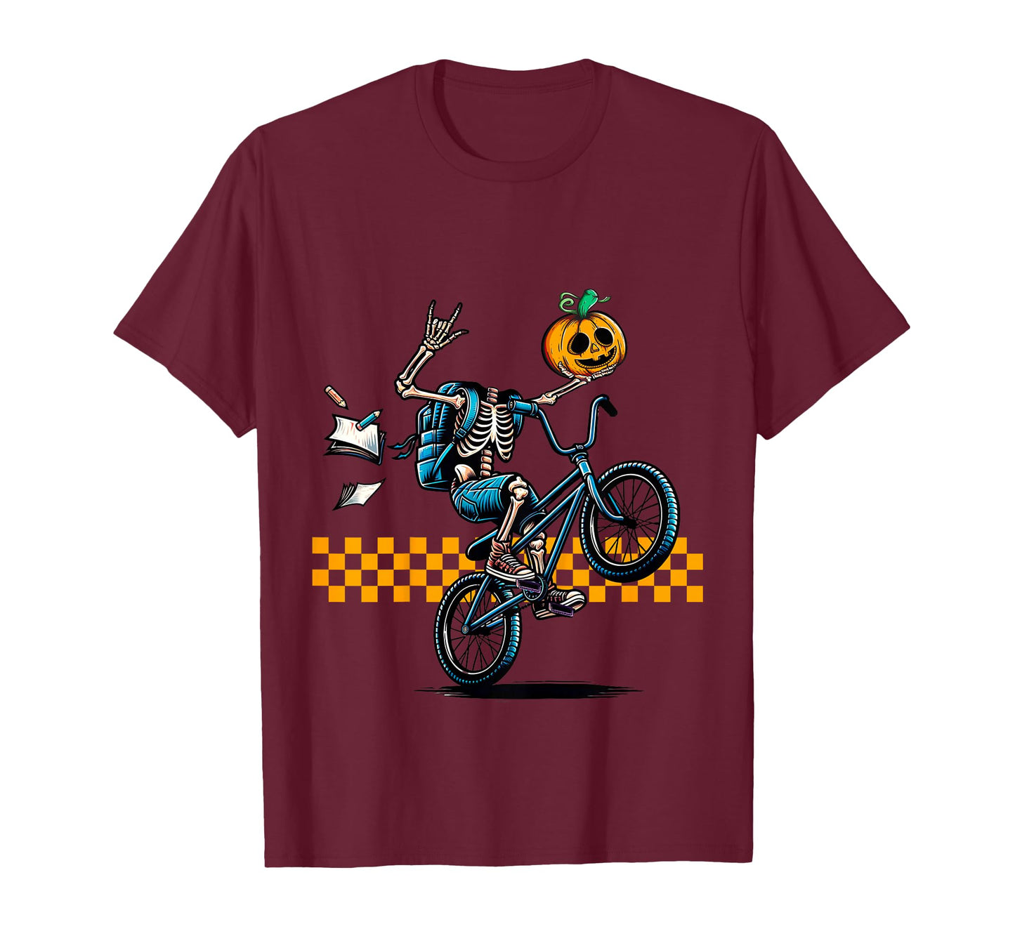 Kids Kids Halloween Skeleton Riding a BMX Bike Popping a Wheelie T-Shirt