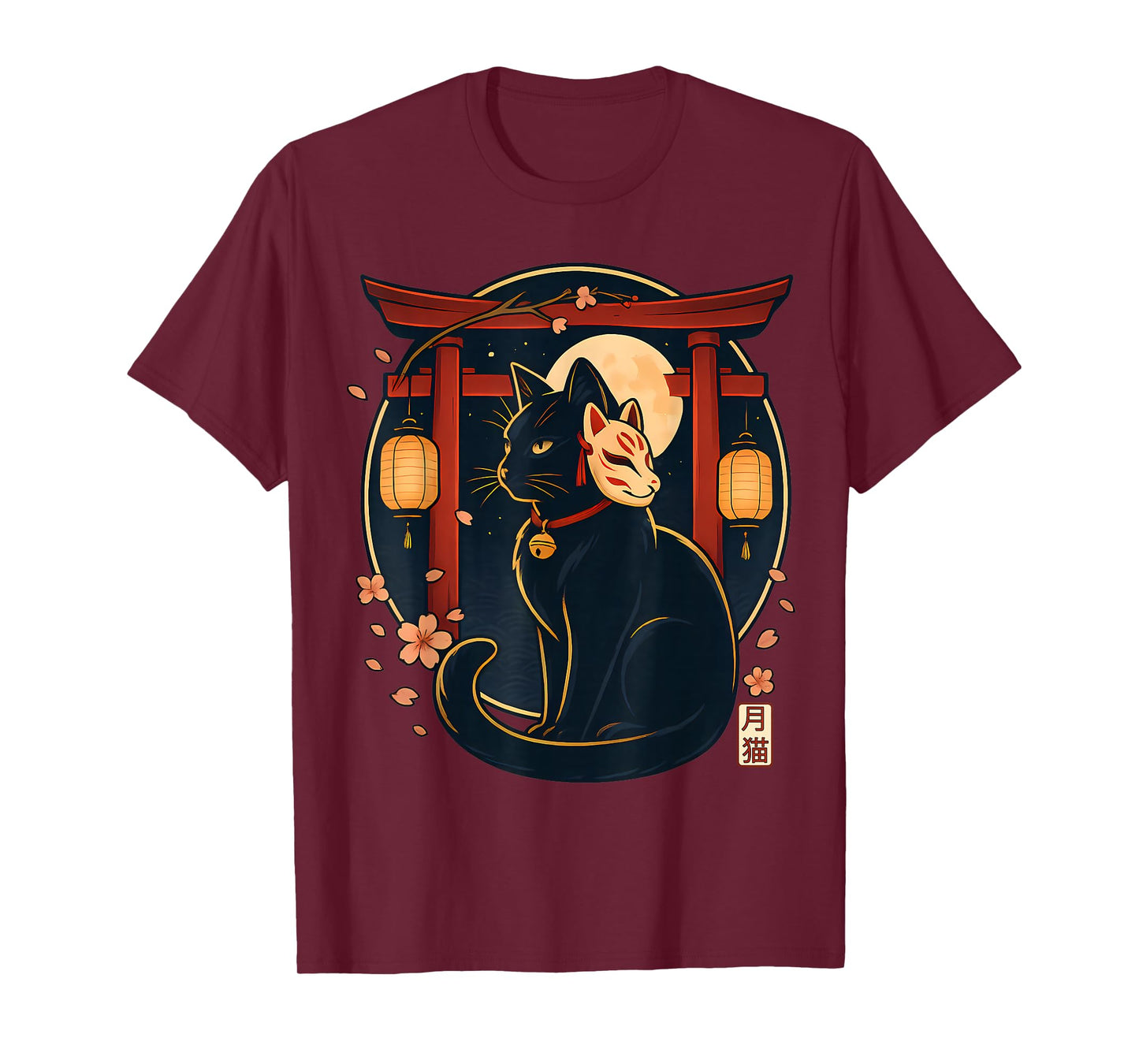 Kawaii Japanese Cat Kitsune Mask Torii Lantern Funny Cat T-Shirt