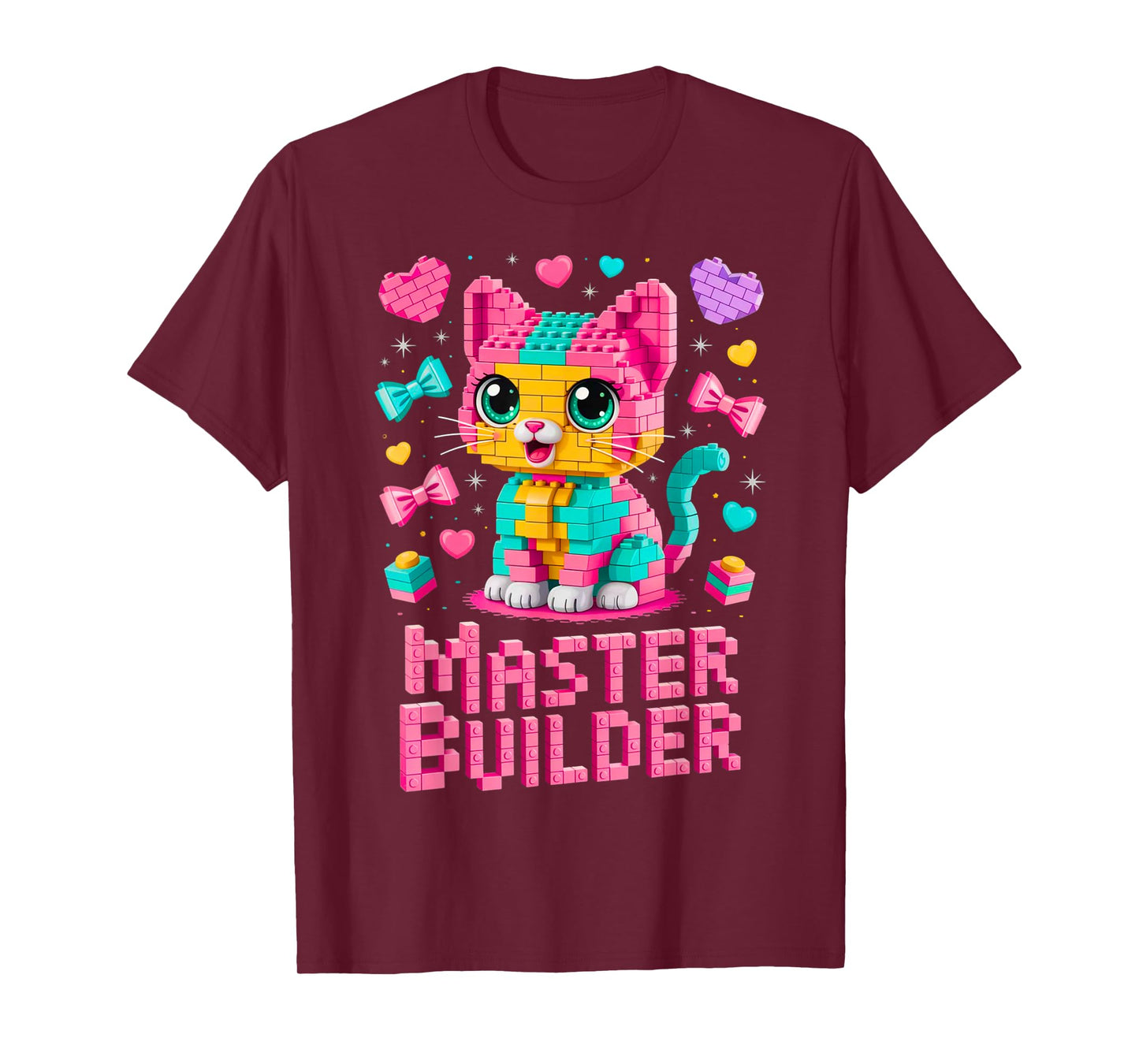 Master Builder Cat Lover Building Bricks Blocks Kids Girls T-Shirt