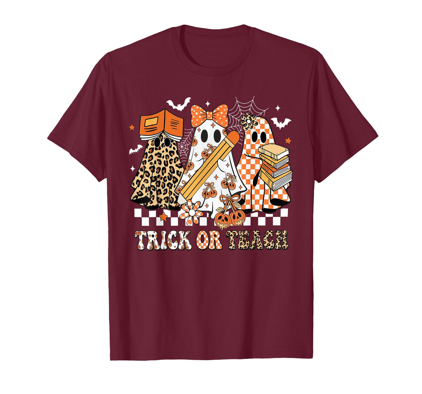 Trick Or Teach Groovy Teacher Halloween Floral Ghost T-Shirt