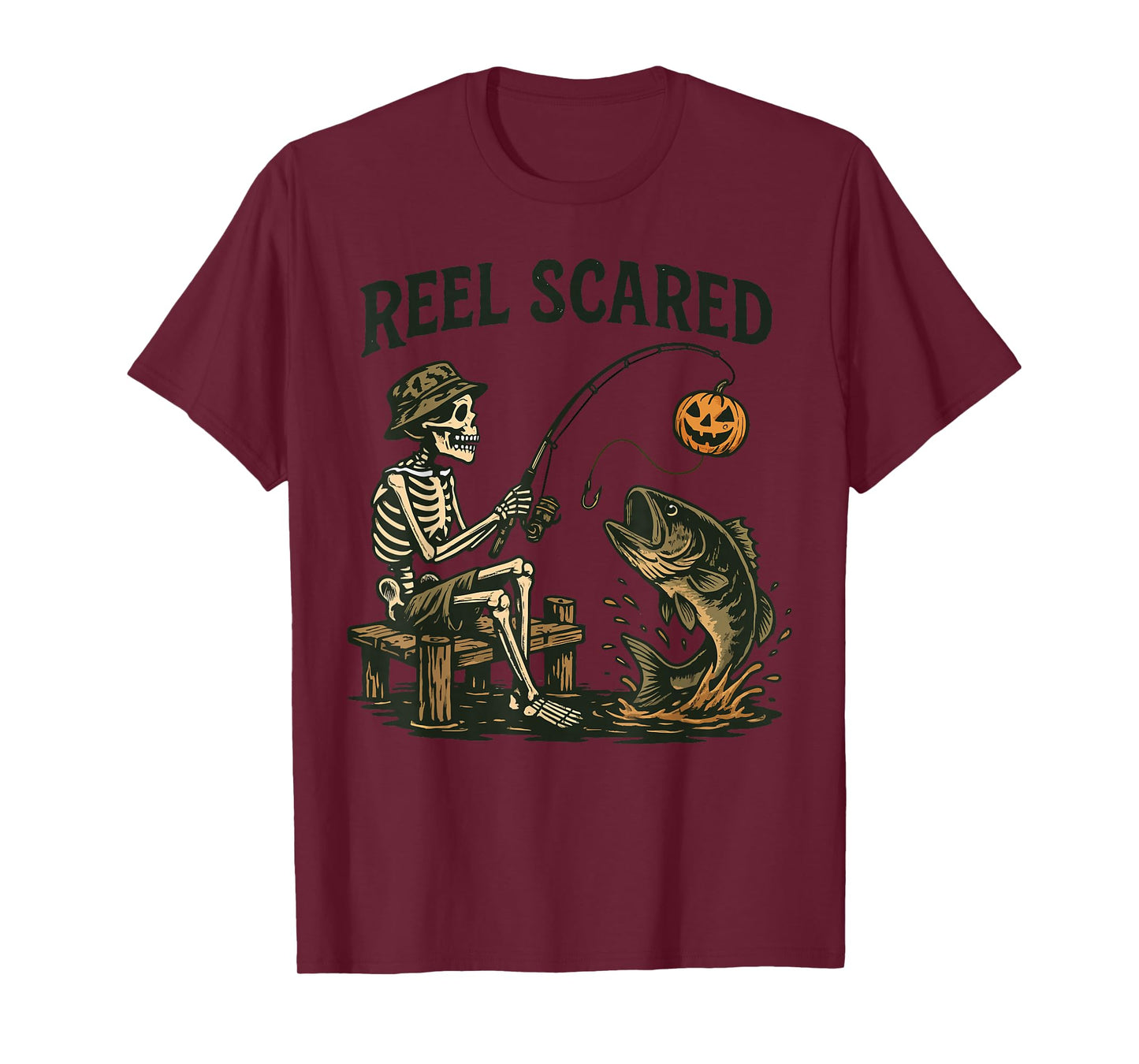 Reel Funny Scared Halloween Fishing Skeleton Pumpkin Bass T-Shirt
