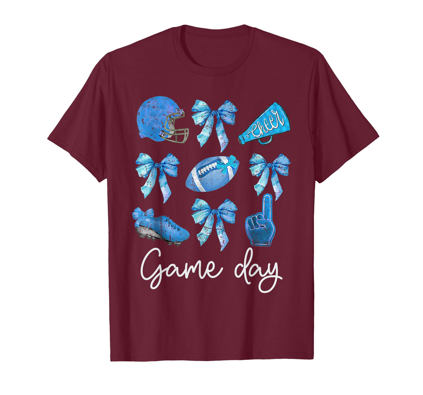 Funny Blue Cheer Football Game Day Coquette Bow Touchdown T-Shirt