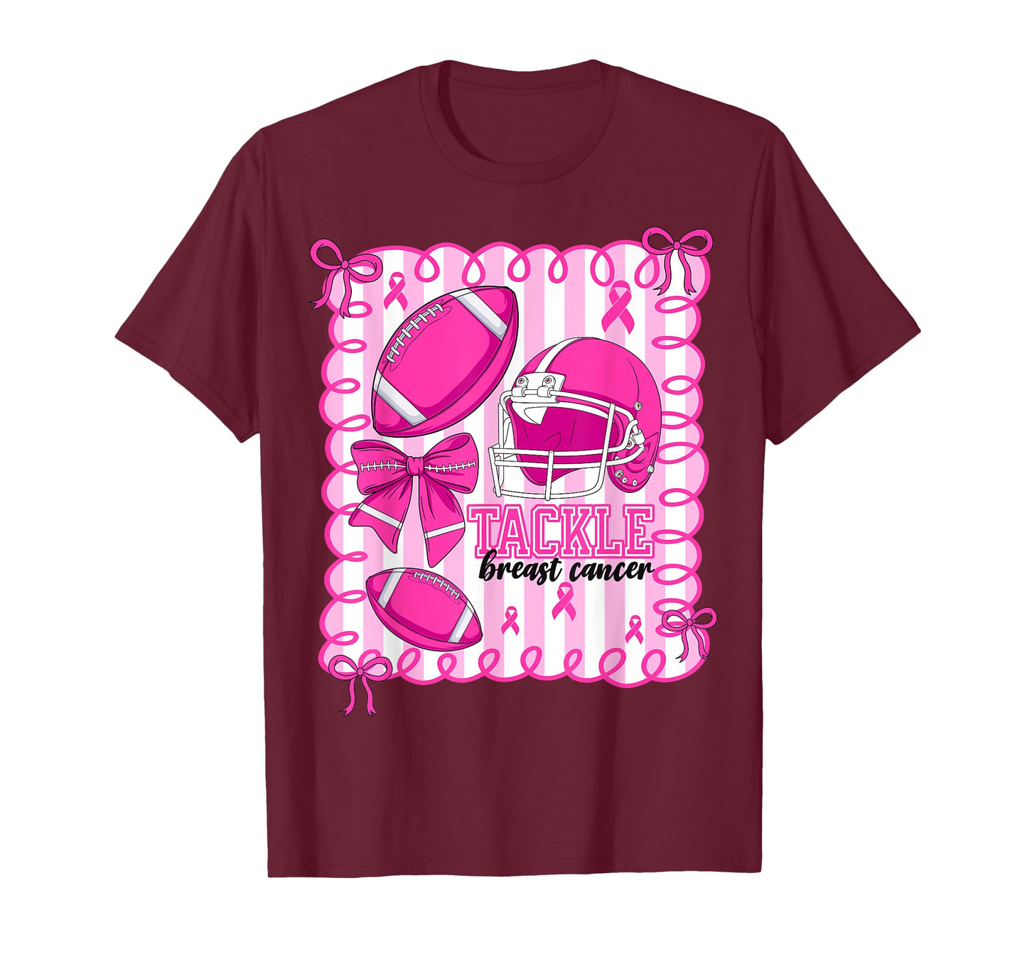 Preppy Tackle Breast Cancer Awareness Football Coquette Bow T-Shirt