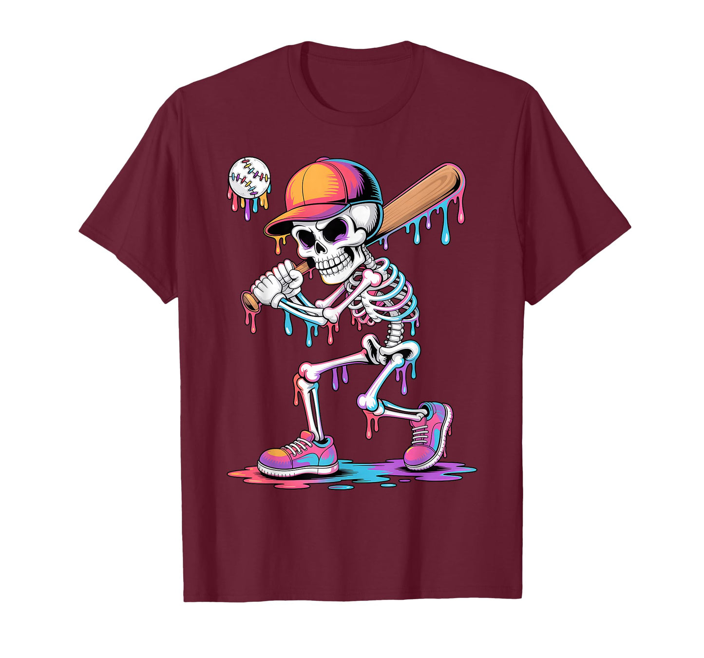 Skeleton Playing Baseball Halloween Youth Kids Baseball Drip T-Shirt