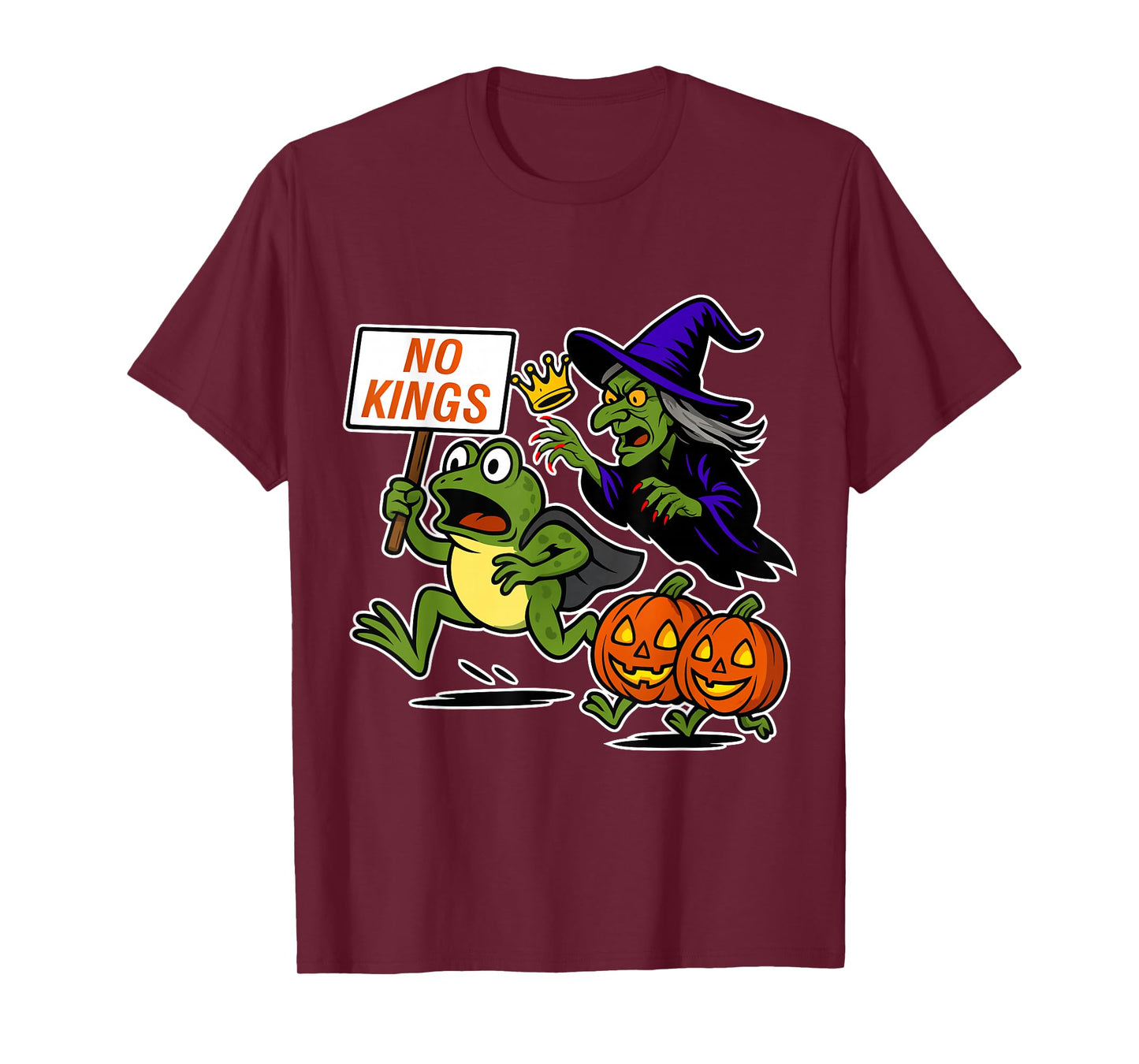 No Kings Halloween Funny Frog Running from Witch T-Shirt