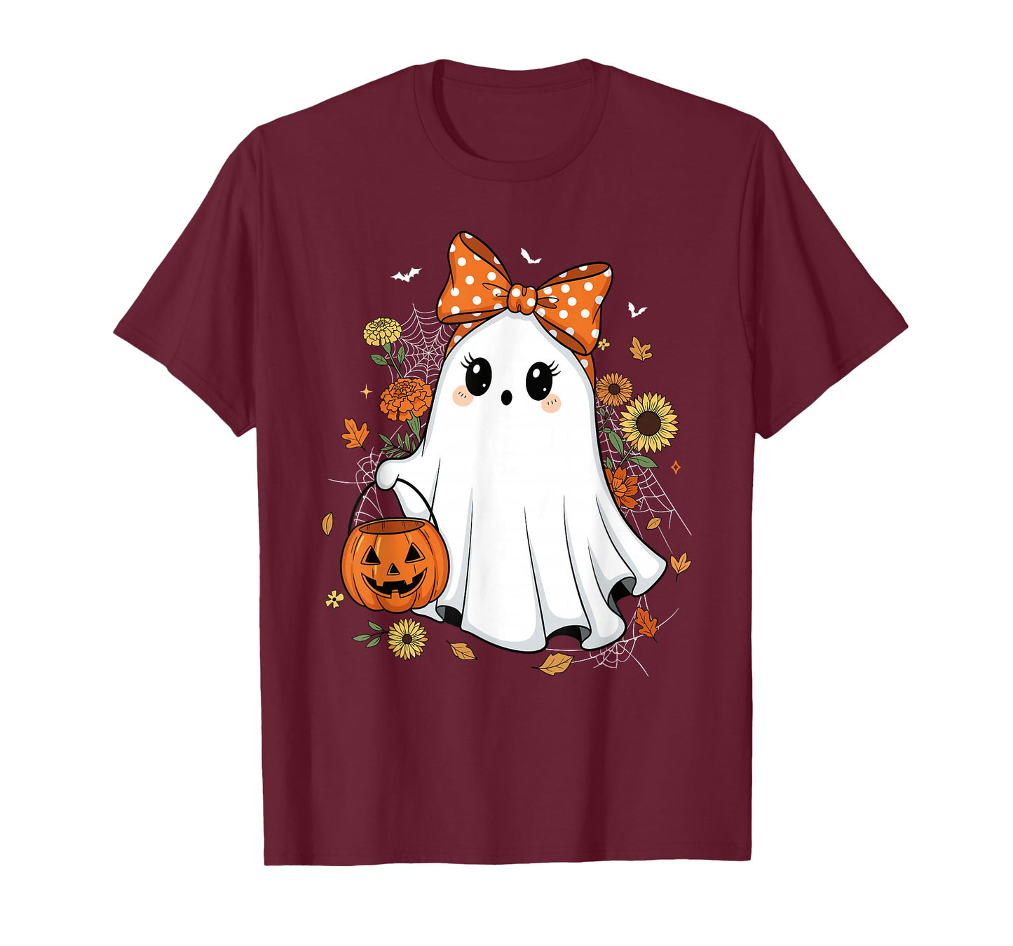 Cute Floral Ghost Coquette Bow Autumn Fall Spooky Halloween T-Shirt