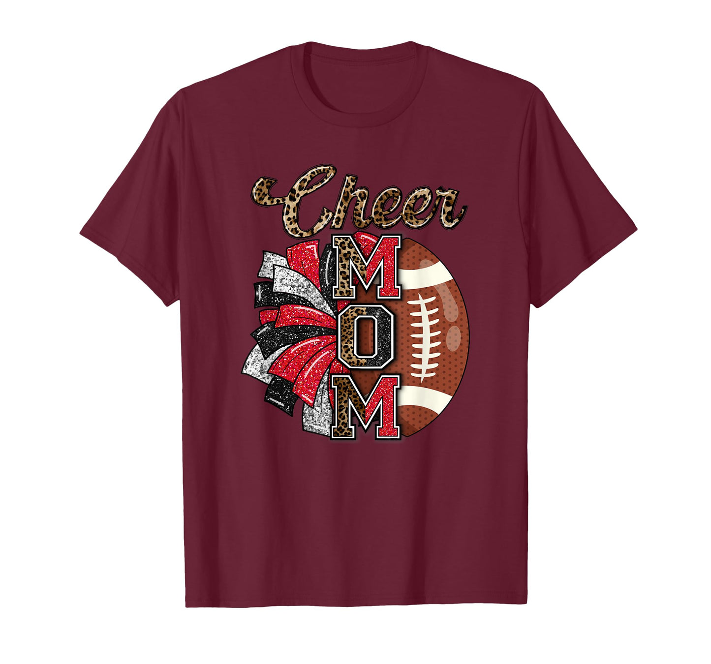 Football Cheer Mom Red Black Pom Leopard T-Shirt