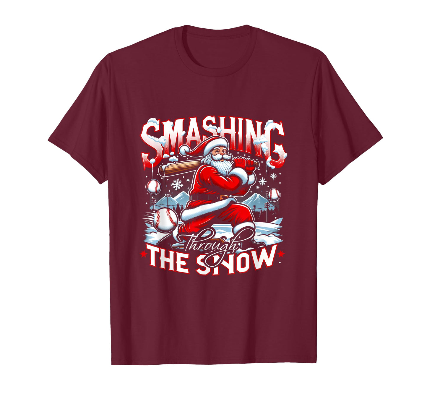 Baseball Player Christmas Santa Smashing Through Snow T-Shirt