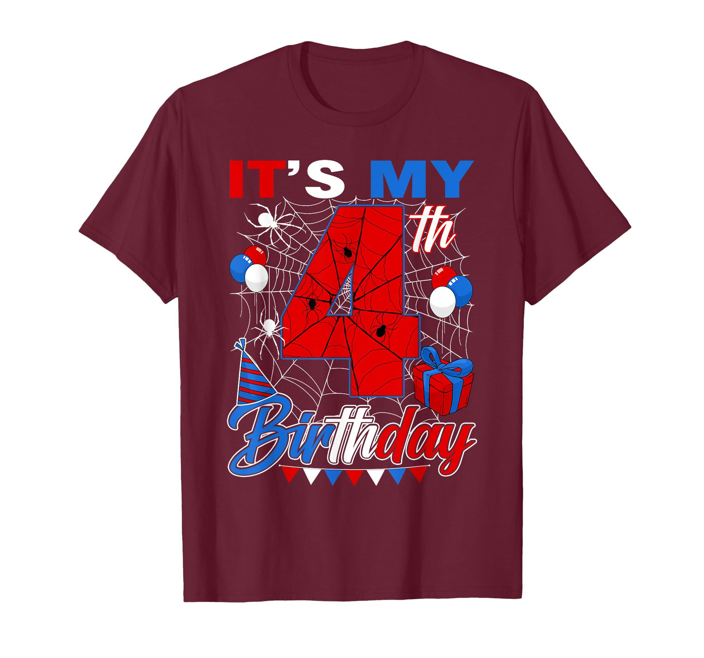 It's My 4th Birthday Spider Theme 4 Year Old Party Boys Kids T-Shirt