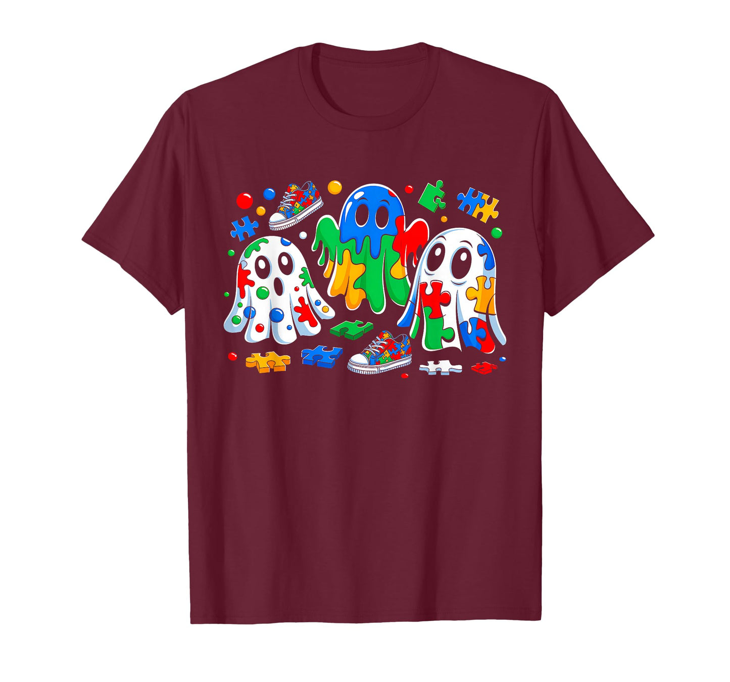 Halloween Ghost Colorful Puzzle Ribbon Autism Awareness T-Shirt