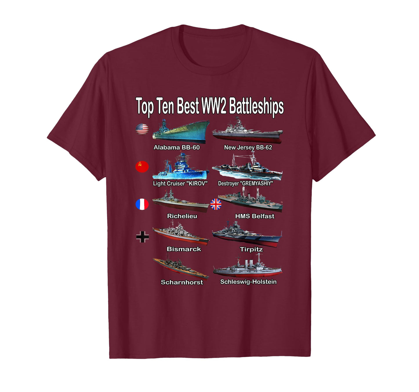 Top Ten Best WW2 Battleships Warships for Kids Adults T-Shirt