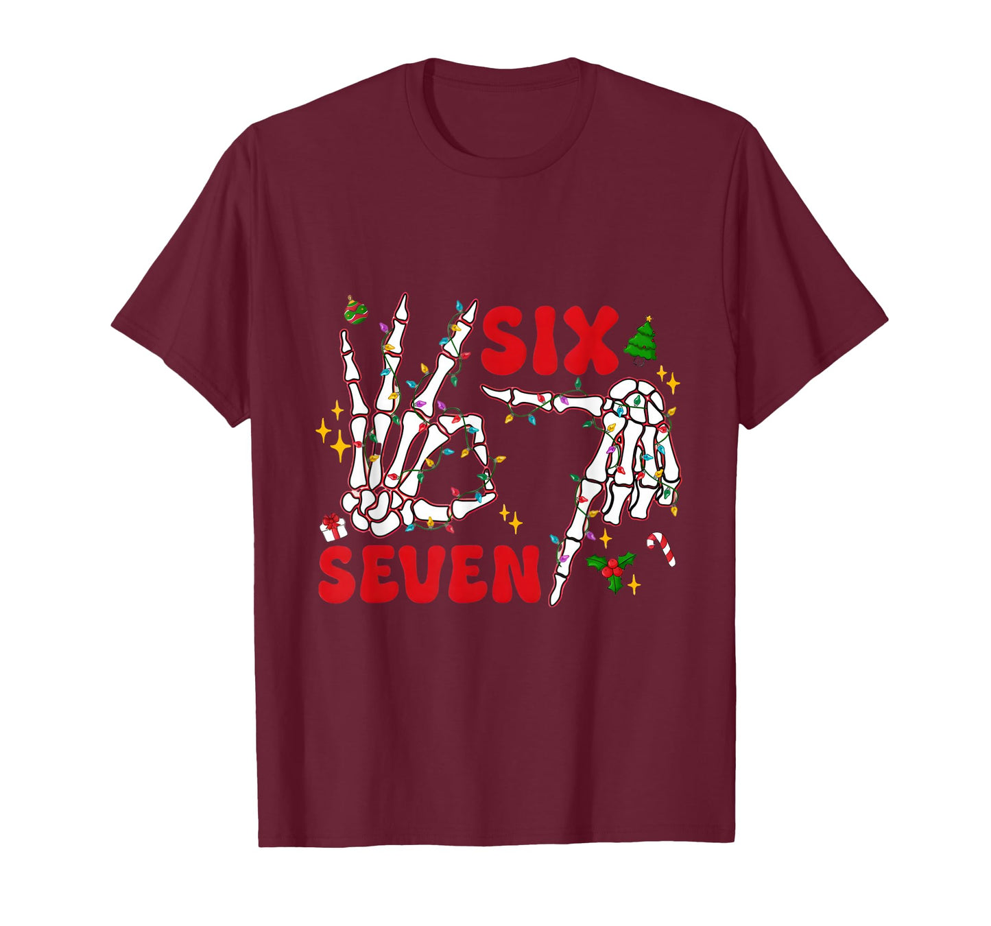 Funny Xmas 67 Skeleton Hand Six Seven Christmas Lights Shirt T-Shirt