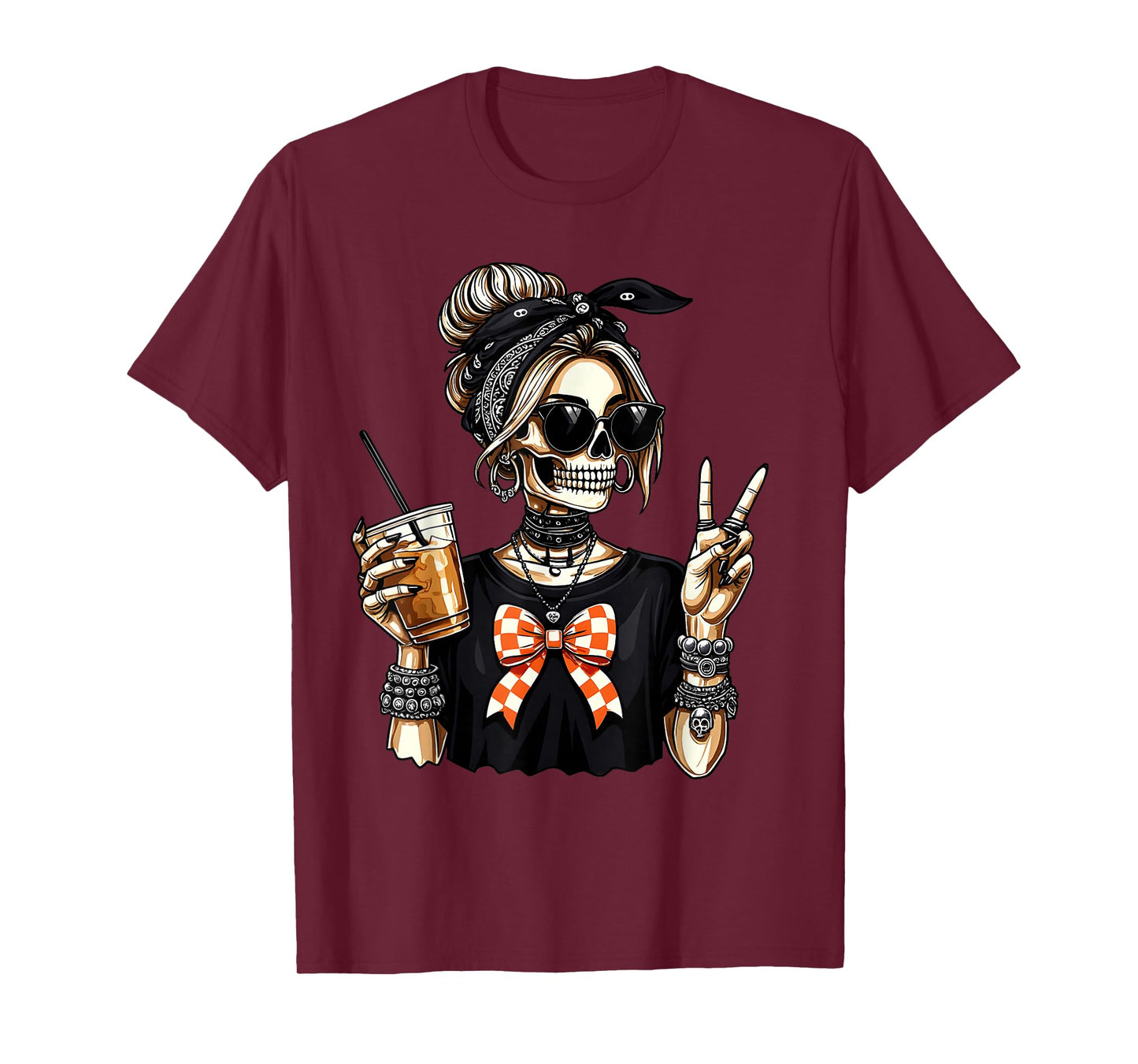 Skeleton Girl Drinking Coffee Peace Sign Graphic for Women T-Shirt