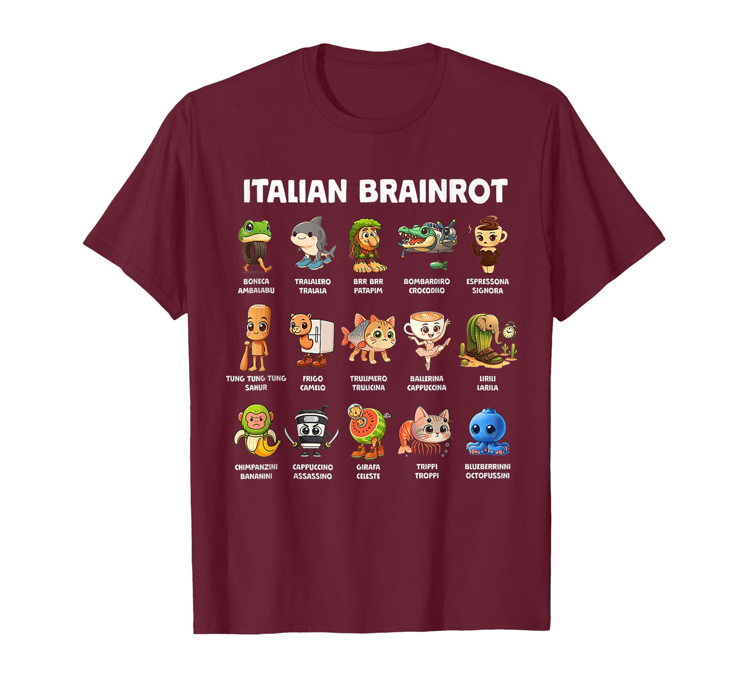 Types of Italian Brainrot Meme Character Hand Drawn for Kids T-Shirt