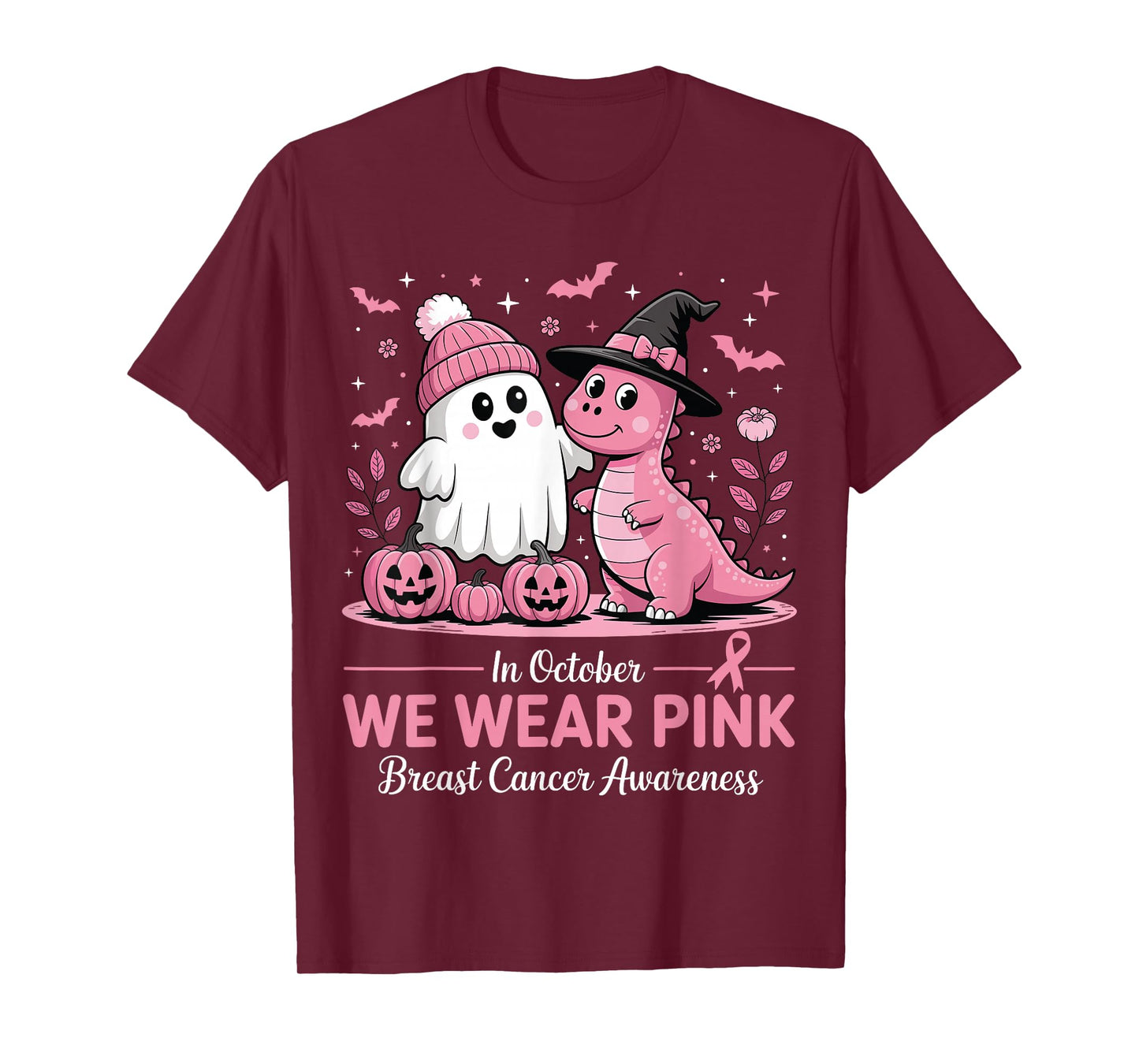 in October We Wear Pink Ghost Witch Dinosaur Breast Cancer T-Shirt