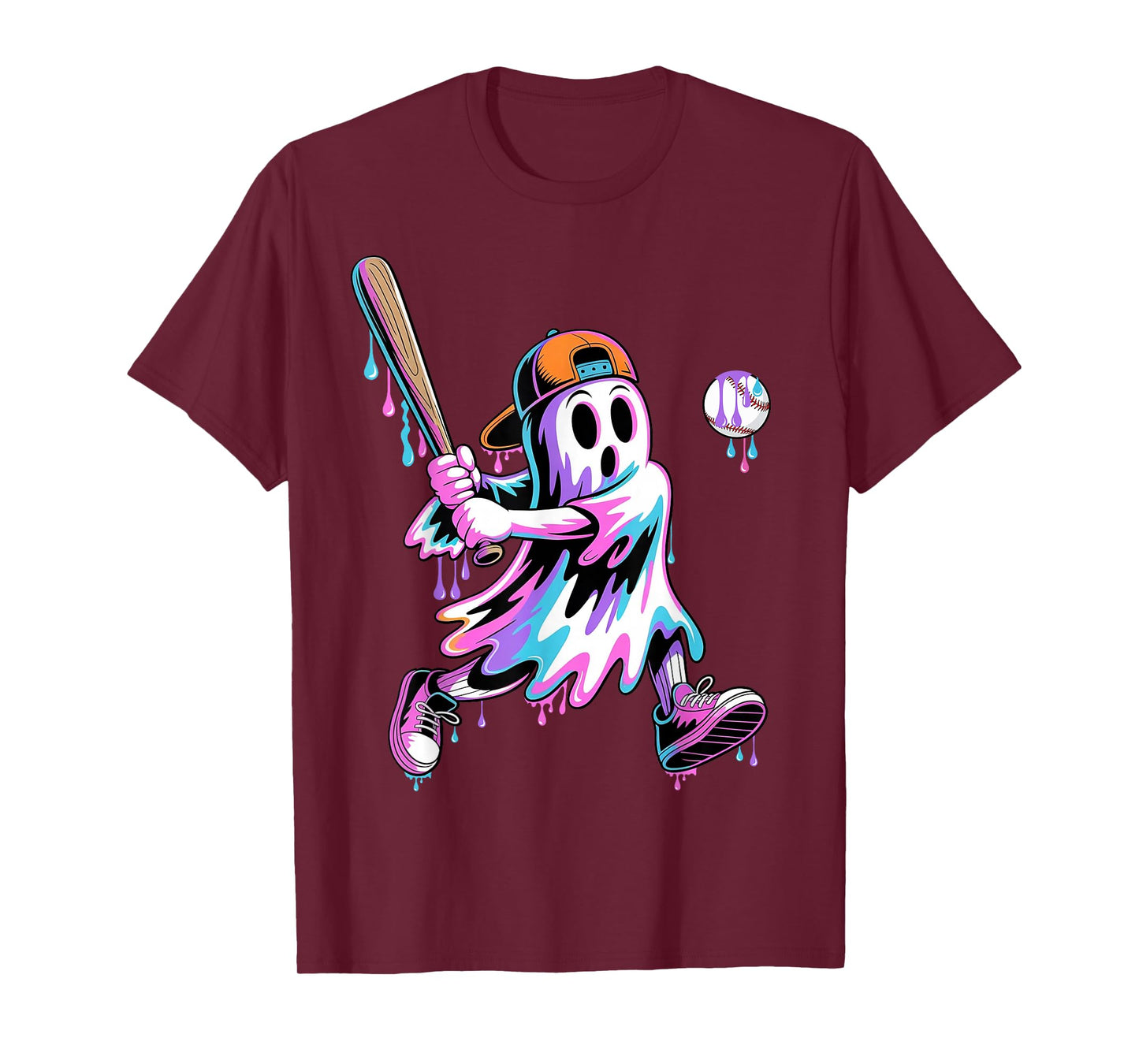 Halloween Ghost Baseball Drip Boys Kids Ice Cream Dripping T-Shirt