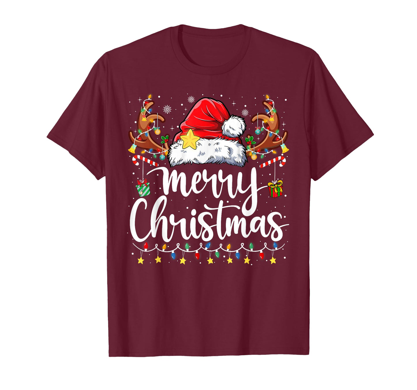 Merry Christmas Lights Red Santa Hat Xmas Family Men Women T-Shirt