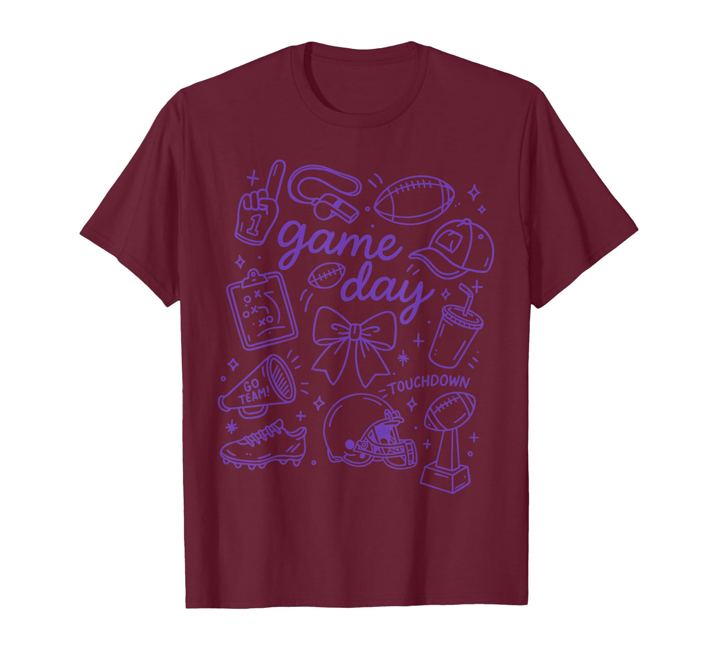 Purple Coquette Bow Cheer Game Day Doodle Touchdown Football T-Shirt