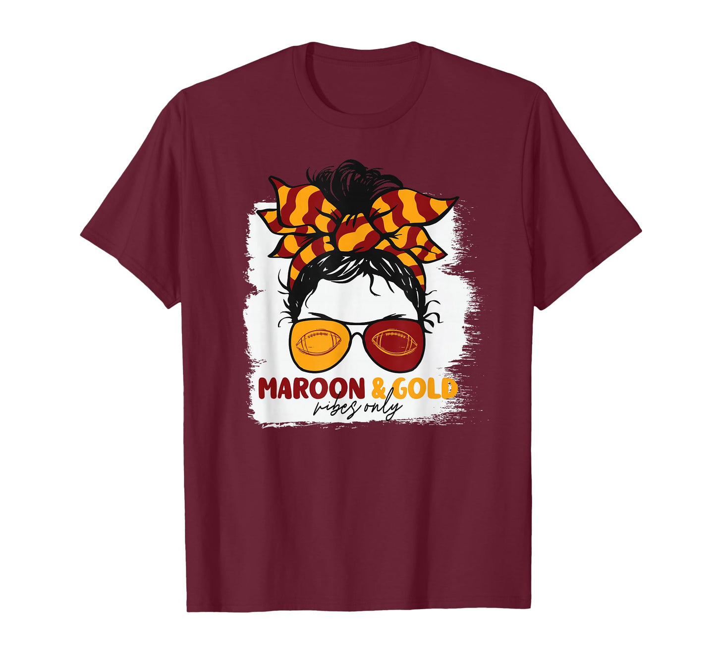 Maroon and Gold Vibes Only Football Mom Gameday Messy Hair T-Shirt