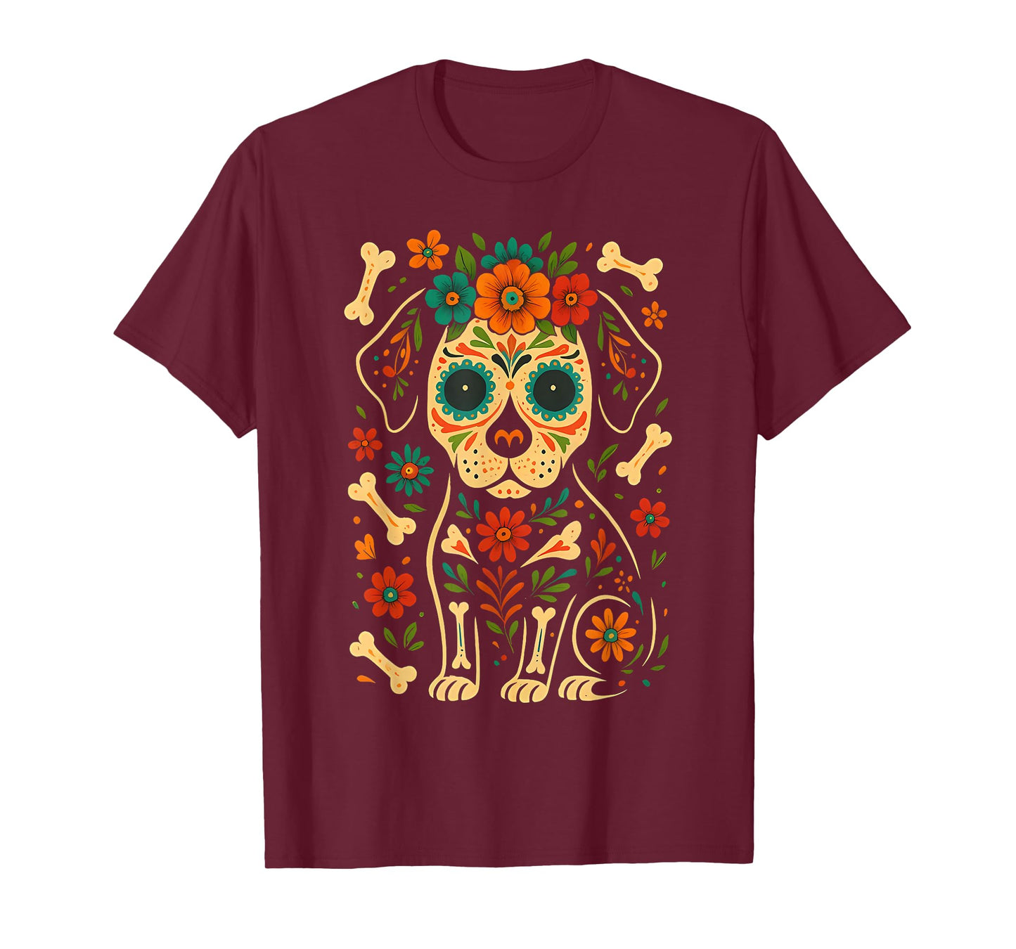 Mexican Dog Day of The Dead Skeleton Sugar Flowers Dogs T-Shirt