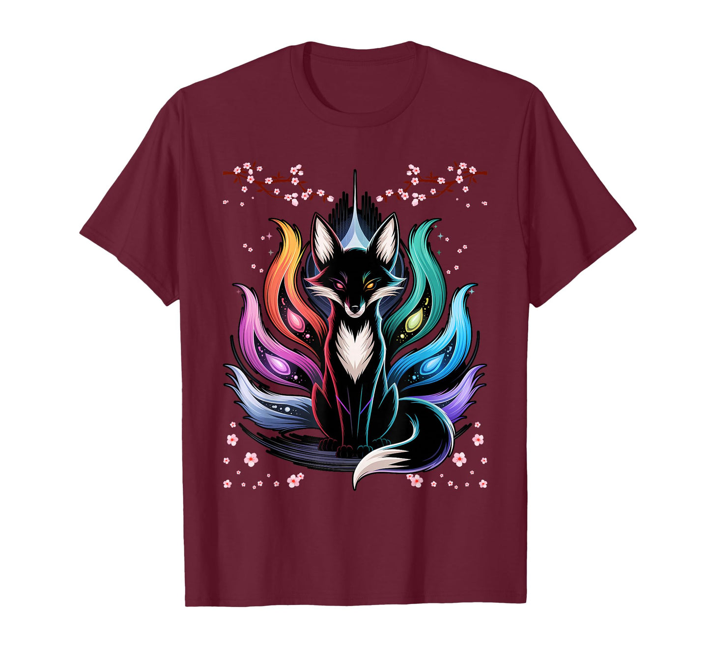 Japanese Fox Kitsune Seven Elements Cherry Flower Blossom T-Shirt