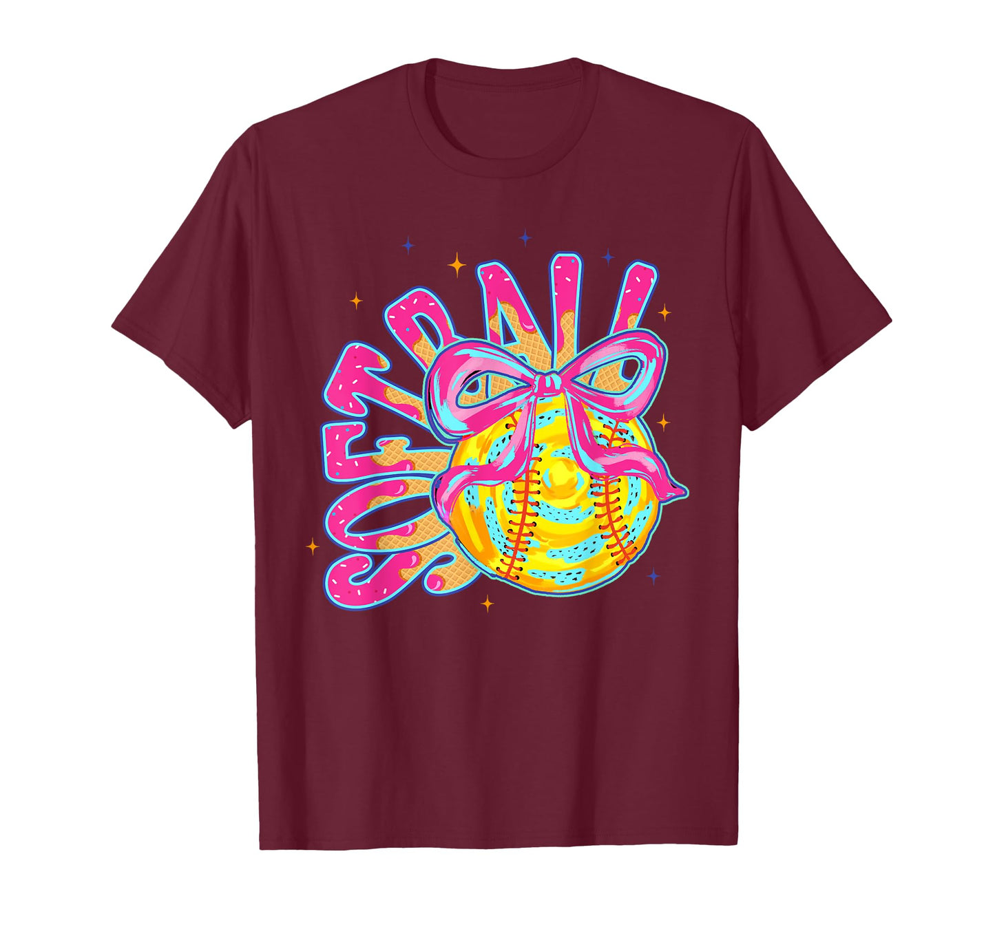 Softball Coquette Bow Ice-Cream Drip Baseball Mom Game Day T-Shirt