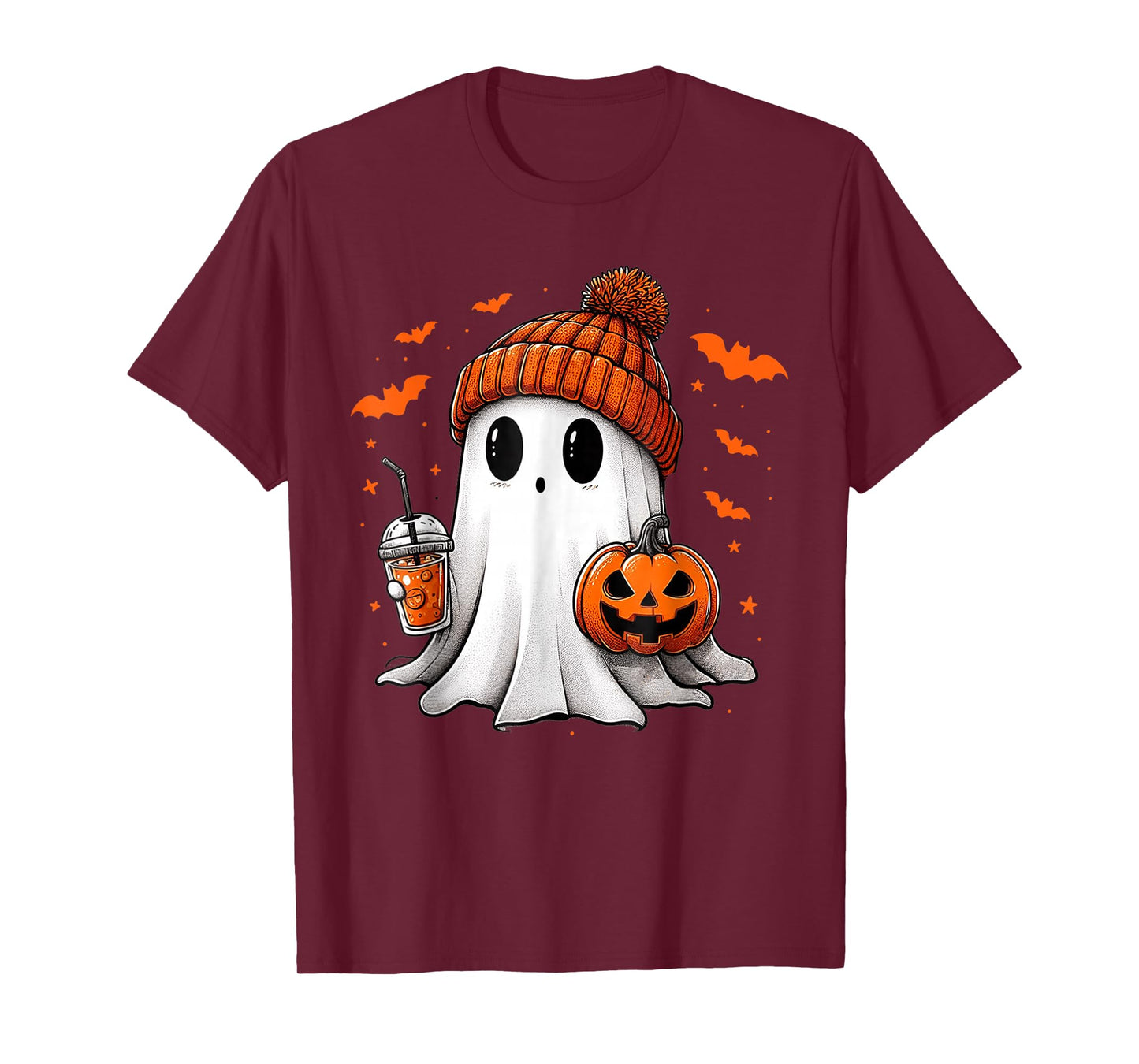 Cute Ghost Drinking Ice Coffee Halloween Pumpkin Mens Womens T-Shirt