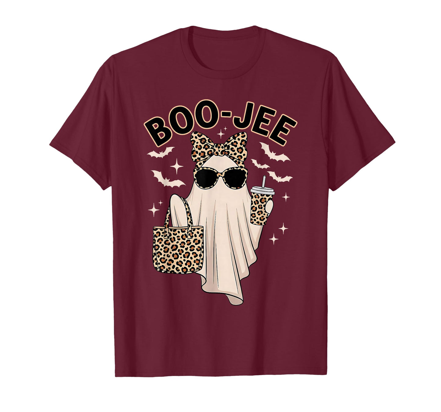 Cute Leopard Boo JEE Ghost Coffee Halloween Costume Women T-Shirt