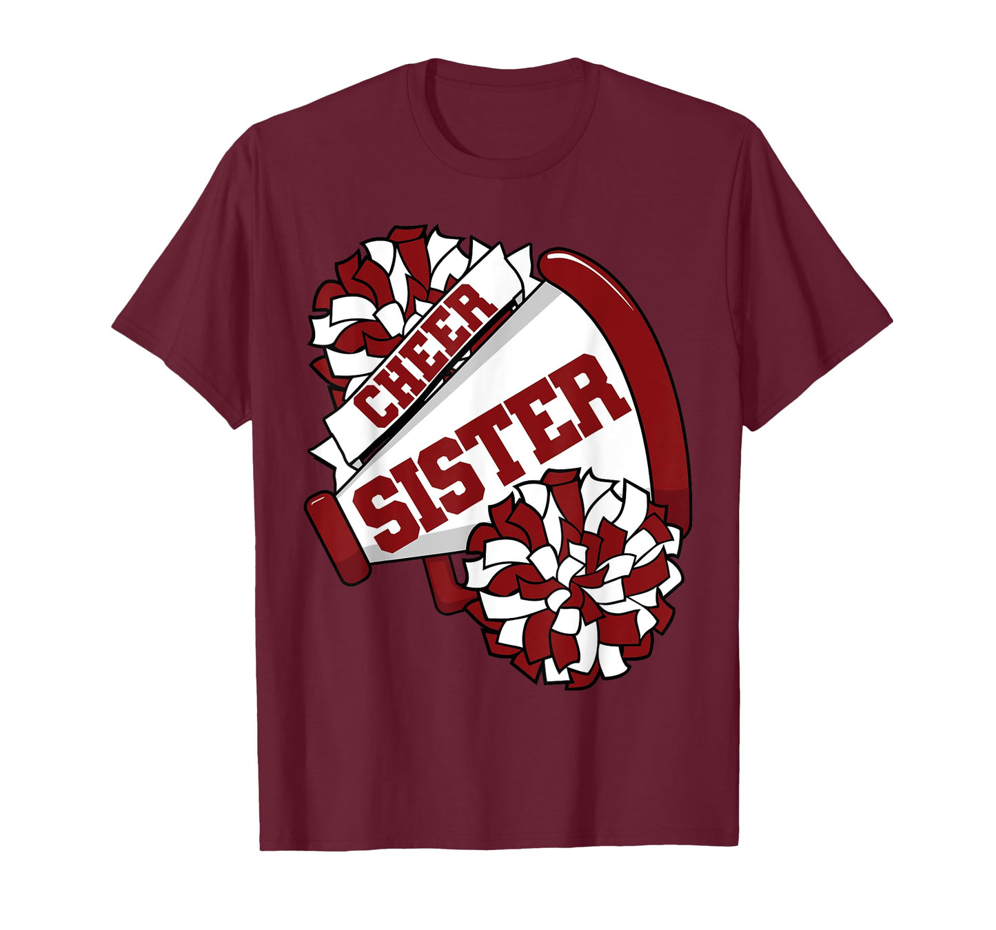 Cheer Sister with Megaphone and Pom Poms Maroon T-Shirt