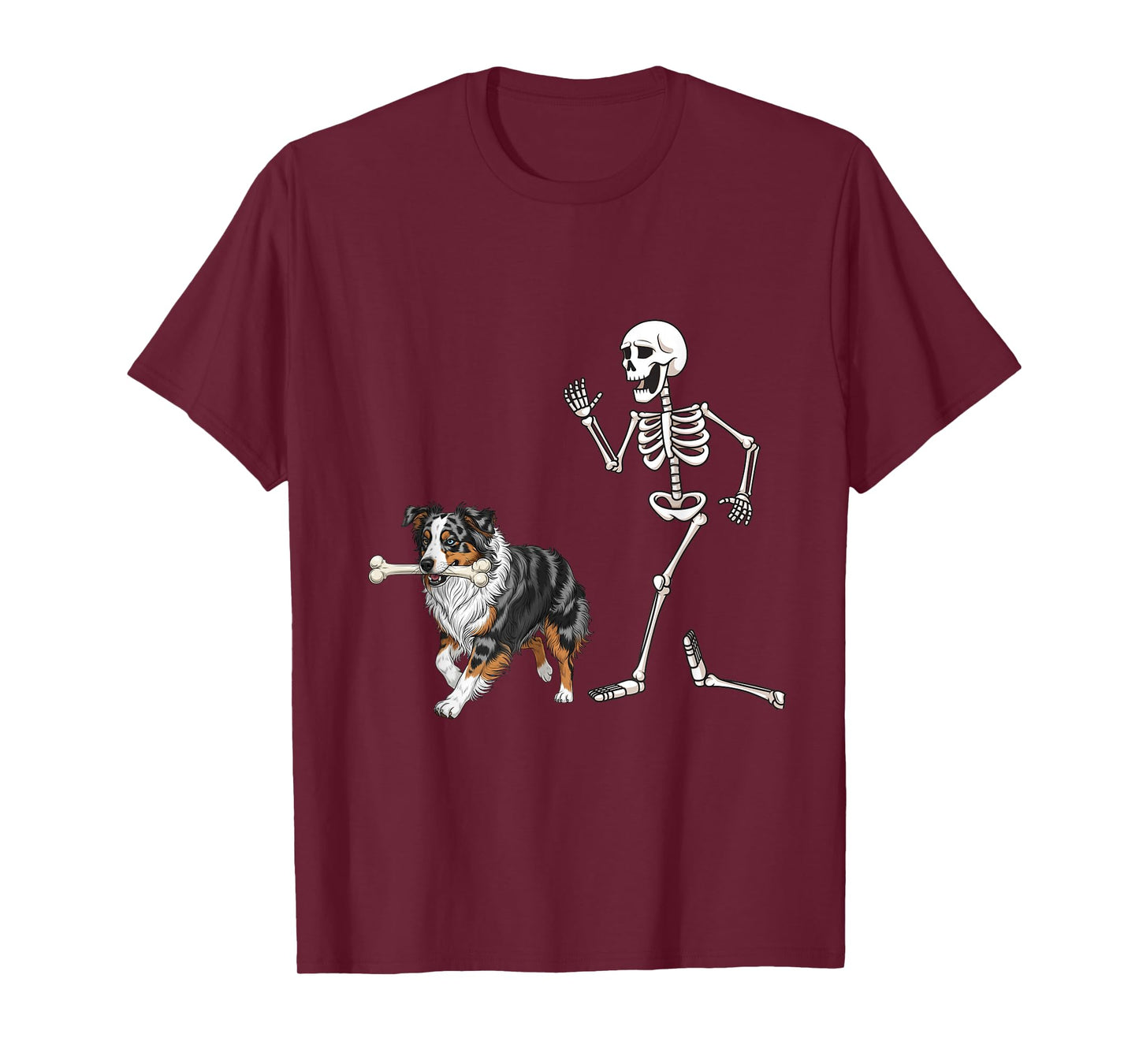 Funny Halloween Australian Shepherd and Skeleton T-Shirt