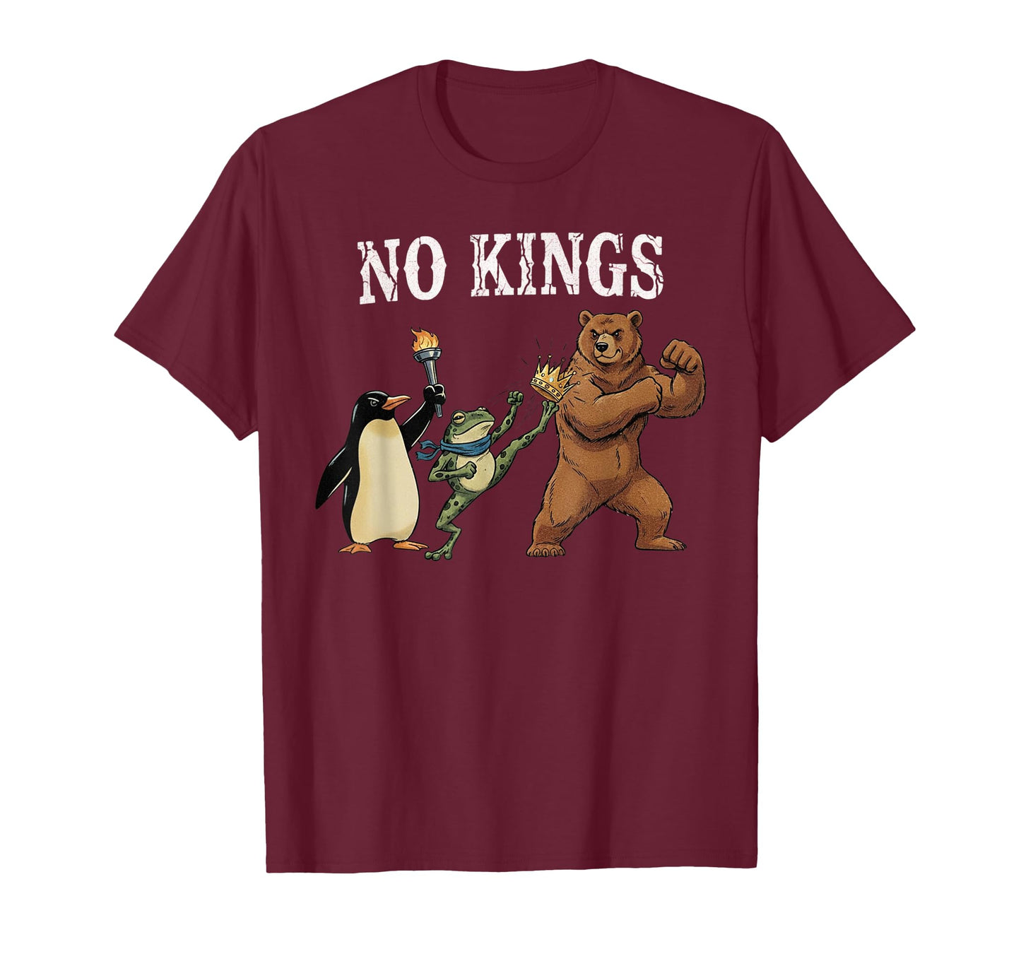 No Kings Penguin Frog Bear Protest Retro T-Shirt