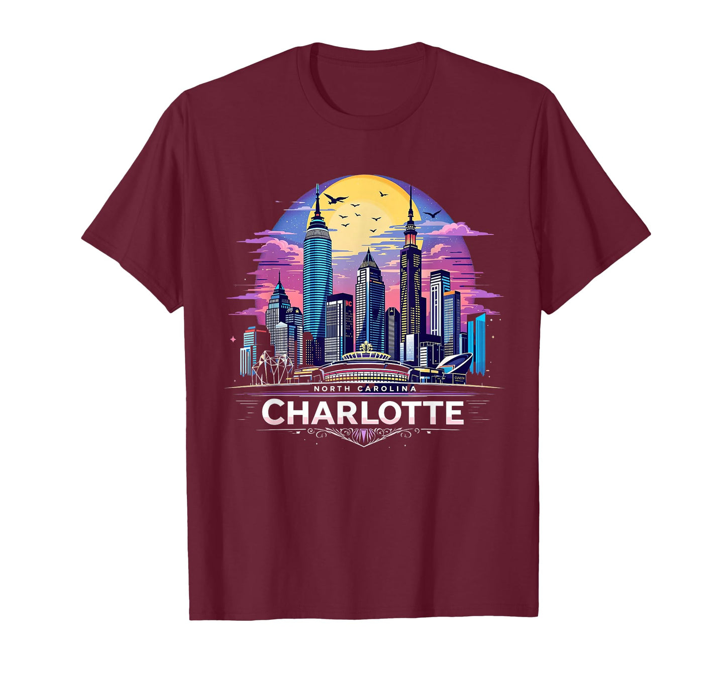 Vintage Charlotte North Carolina Sunset Skyline Cityscape T-Shirt