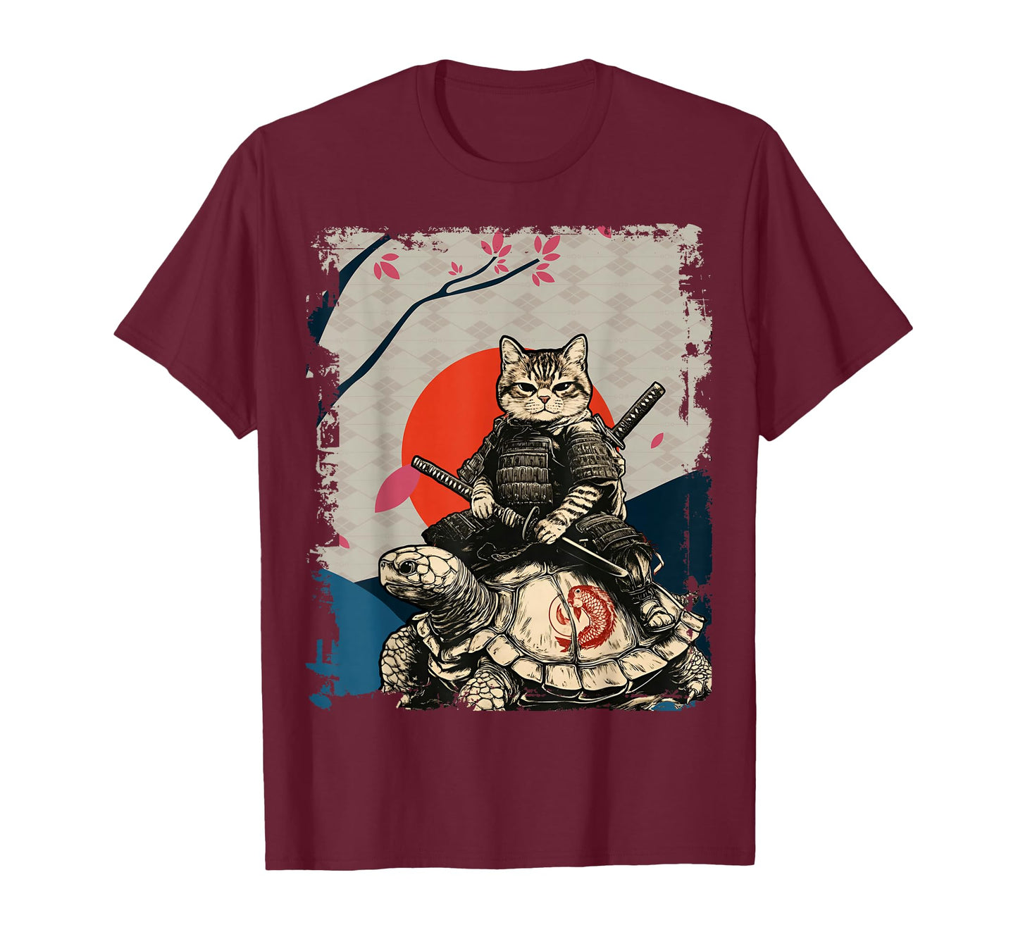 Japanese Ninja Art and Japan Samurai Cat on Turtle T-Shirt